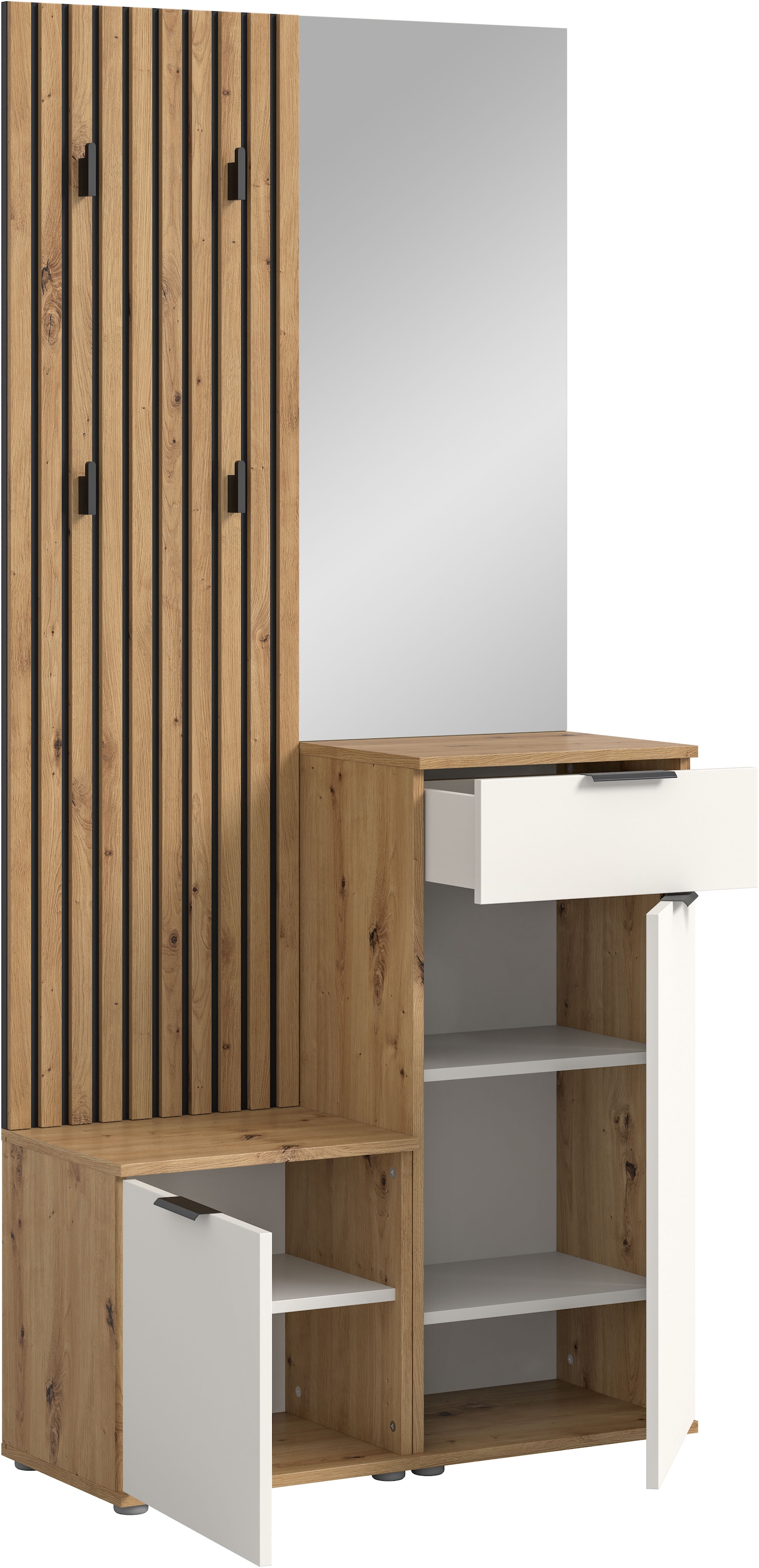 HBZ Kompaktgarderobe »Simple mit Spiegel, Flurgarderobe BxHxT 88x195x35 cm«, (4 St.), mit Bank, Paneel, Schuhkommode mit Schubkasten und Spiegel