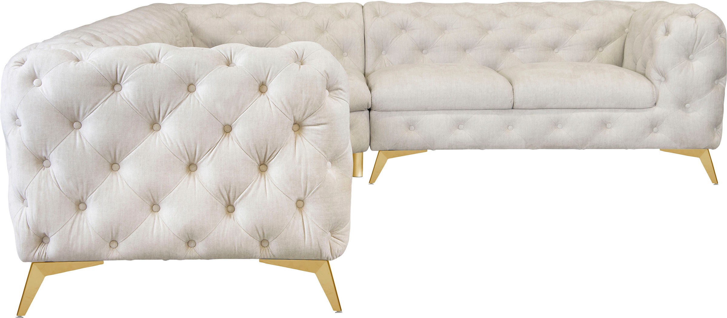 Leonique Chesterfield-Sofa »Ecksofa GLYNIS L-Form mit Wellenunterfederung, Maße B/T/H 323/264/75cm«, aufwändige Knopfheftung, moderne Chesterfield Optik, Fußfarbe wählbar