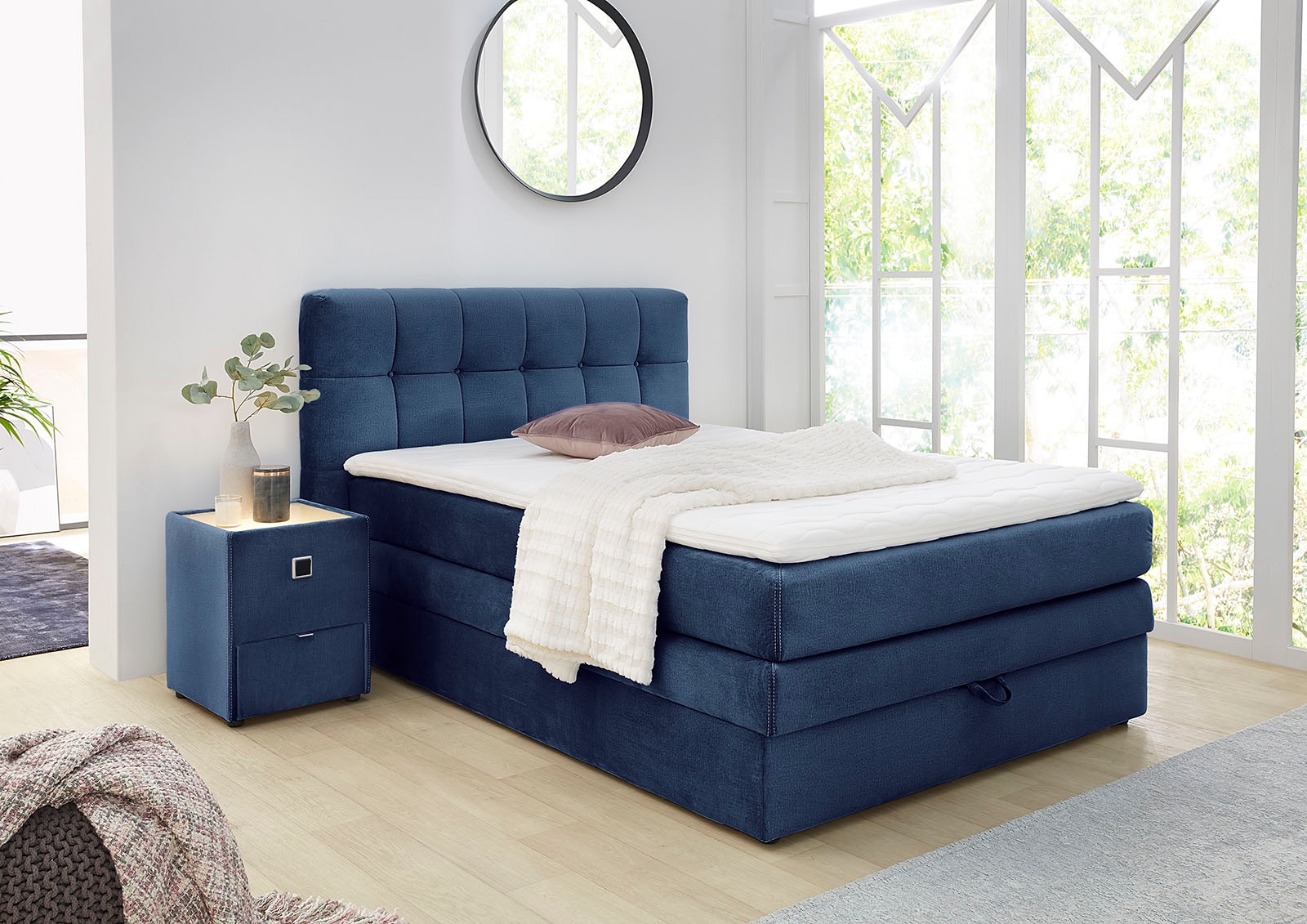 Jockenhöfer Gruppe Boxspringbett "AMY mit Bettkasten, inkl. Bonnell- oder Taschenfederkernmatratze H2-H4" mit 6 cm Kaltschaum-Topper, Samt-Bezug, 120x200 und 140x200 cm