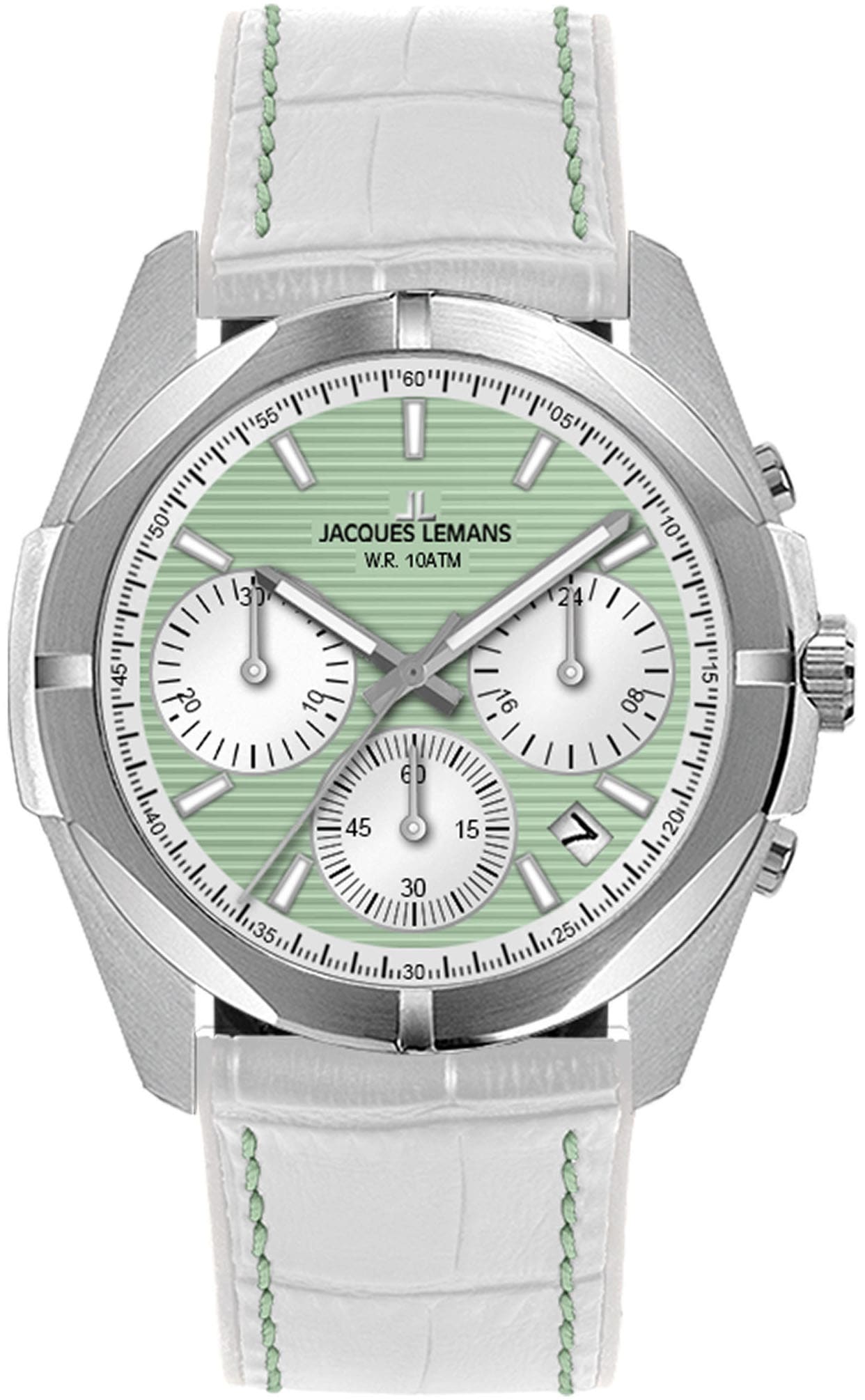 JACQUES LEMANS Damen Chronograph "Monte Carlo", weiß, Armbanduhren, Quarzuhr, Armbanduhr, Damenuhr, Datum, Stoppfunktion, Lederarmband