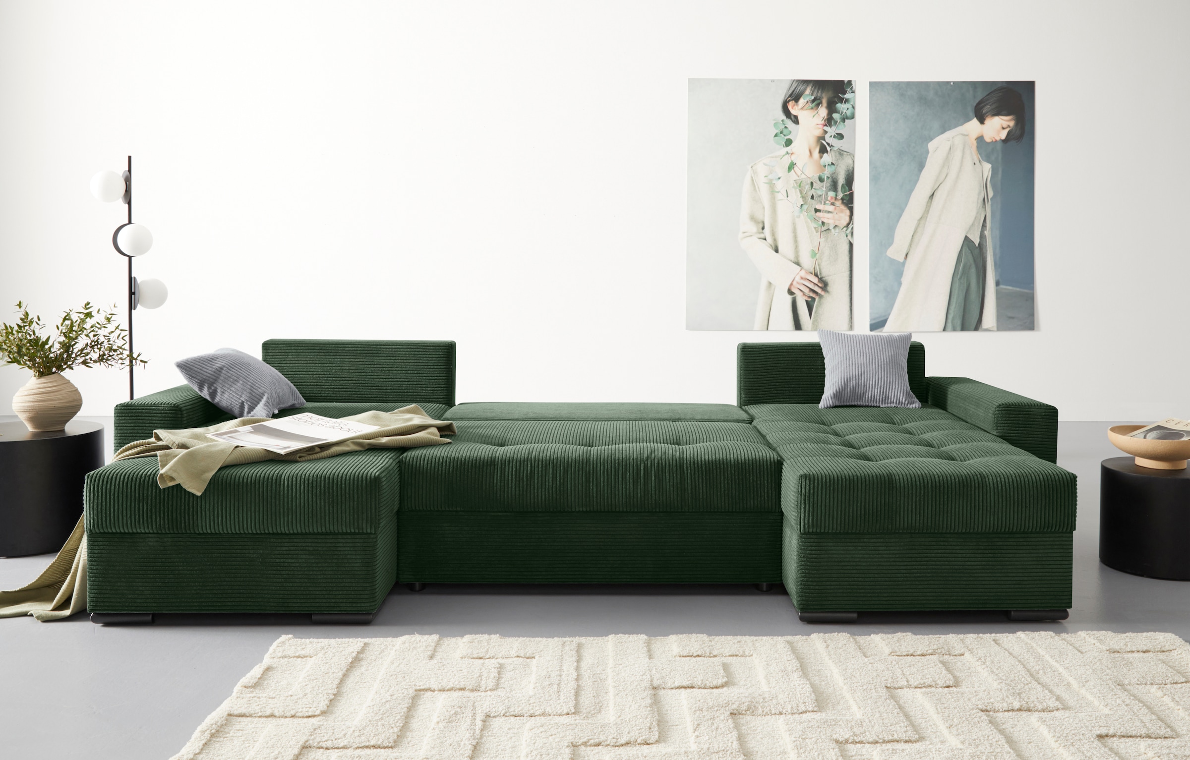 COLLECTION AB Wohnlandschaft »Josy U-Form«, mit Schlaffunktion, Bettkasten und Zierkissen, mit 2 Recamieren