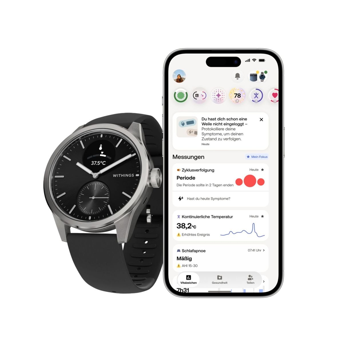 Withings Smartwatch »ScanWatch 2, Akku bis 35 Tage, appfähig« (0,42 cm / 1,65 ″)