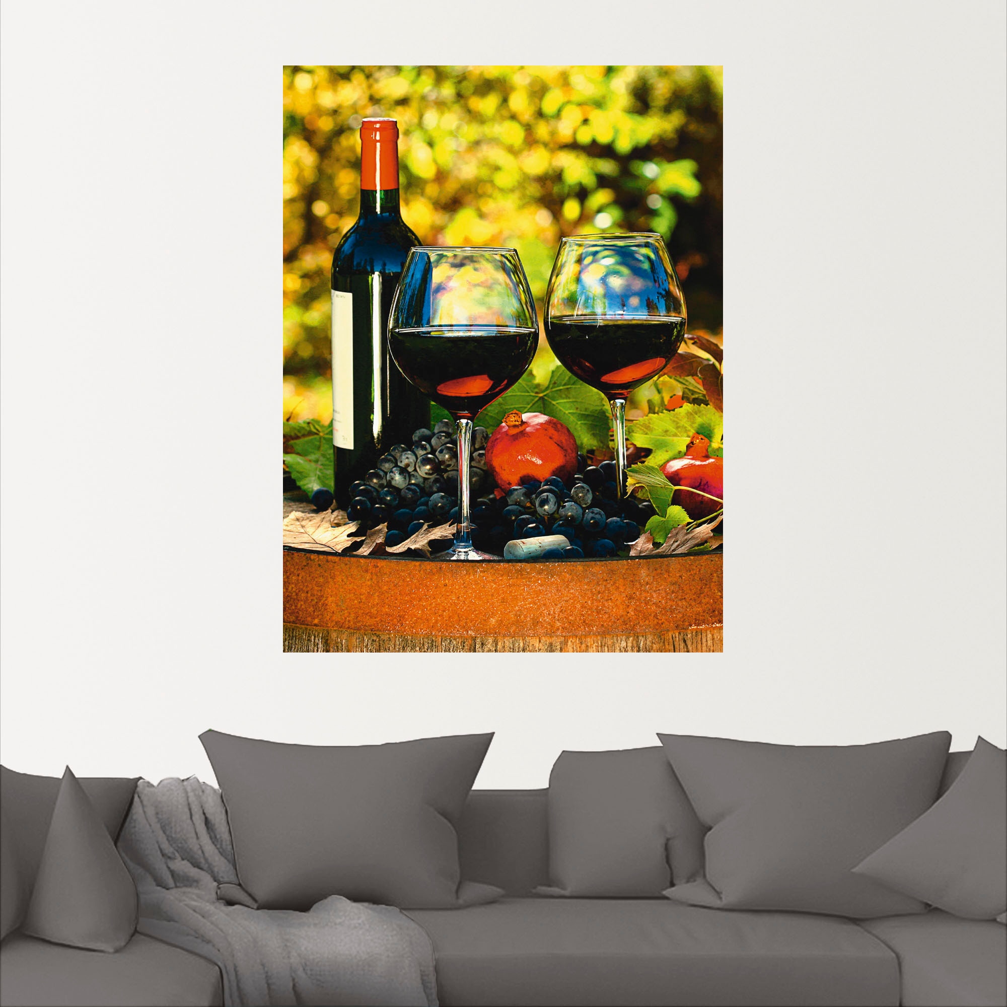 Artland paveikslas »Gläser Rotwein ant altem Fass« Getränke (1 St.) kaip Plakatas Sienos lipdukai in verschied. dydžiai