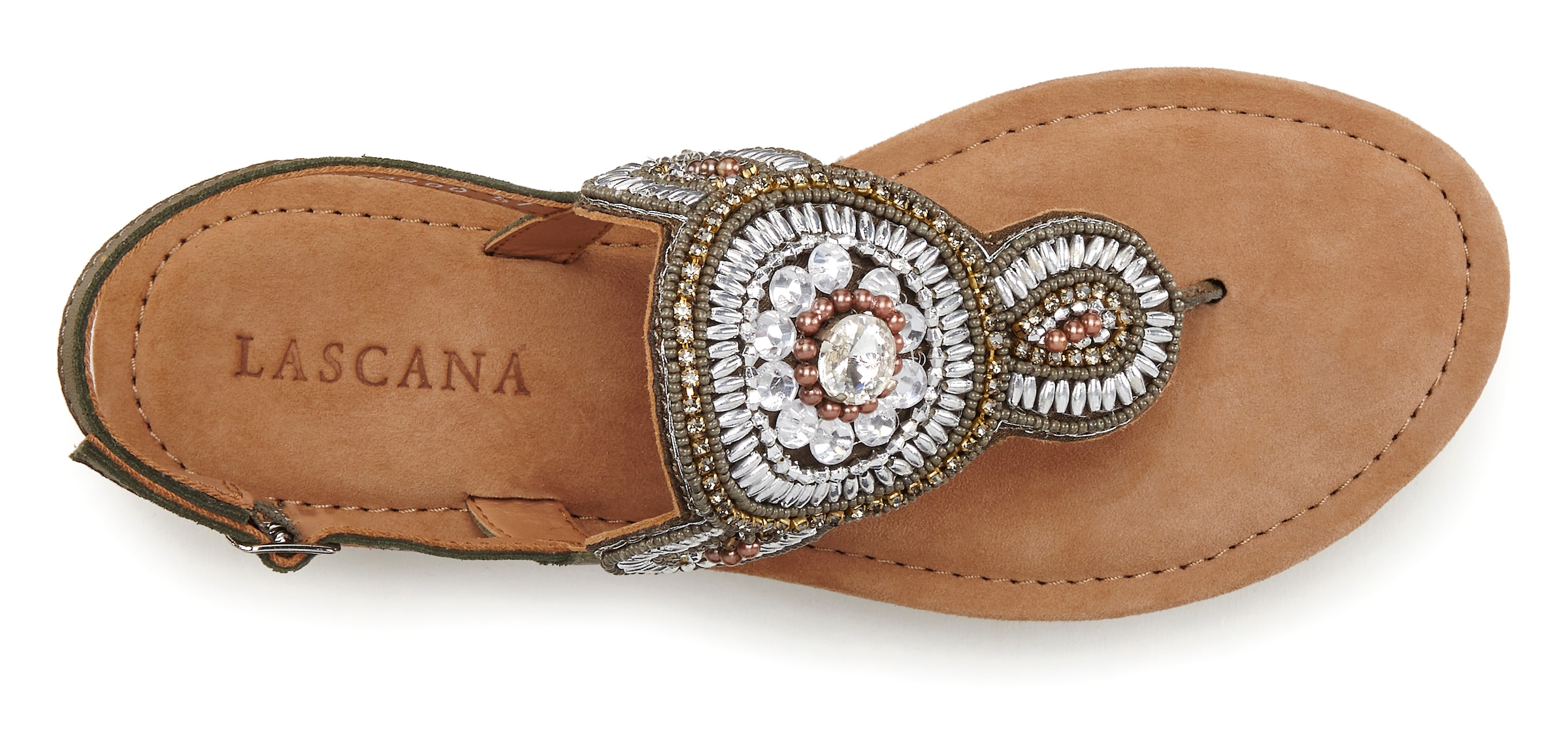 LASCANA Zehentrenner, Sandale, Pantolette in Glitzer-Optik und softer Lederinnensohle