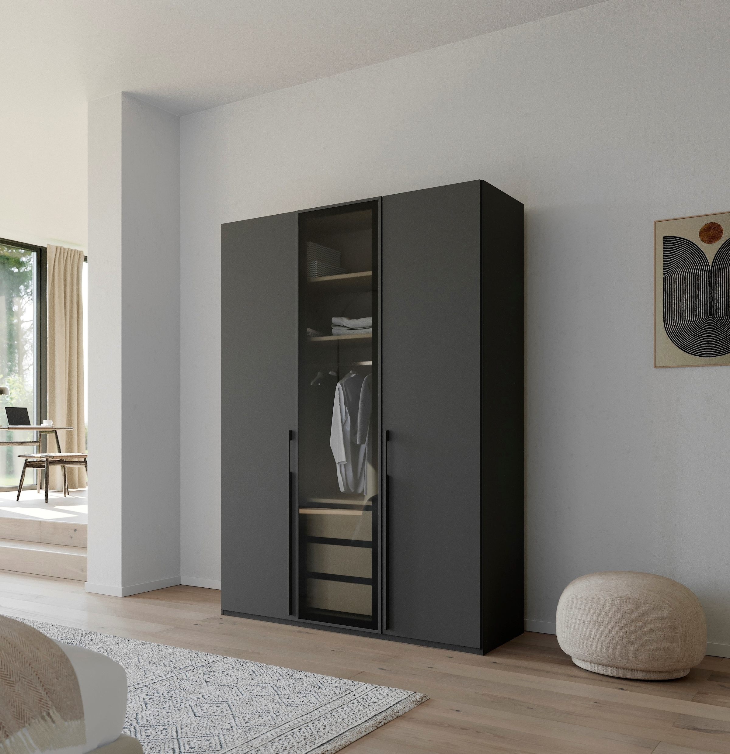 rauch Drehtürenschrank »Kleiderschrank Schrank Garderobe SKAT SHINE mit hochwertigem,«, transparentem Grauglas inkl. umfangreichem Zubehör MADE IN GERMANY