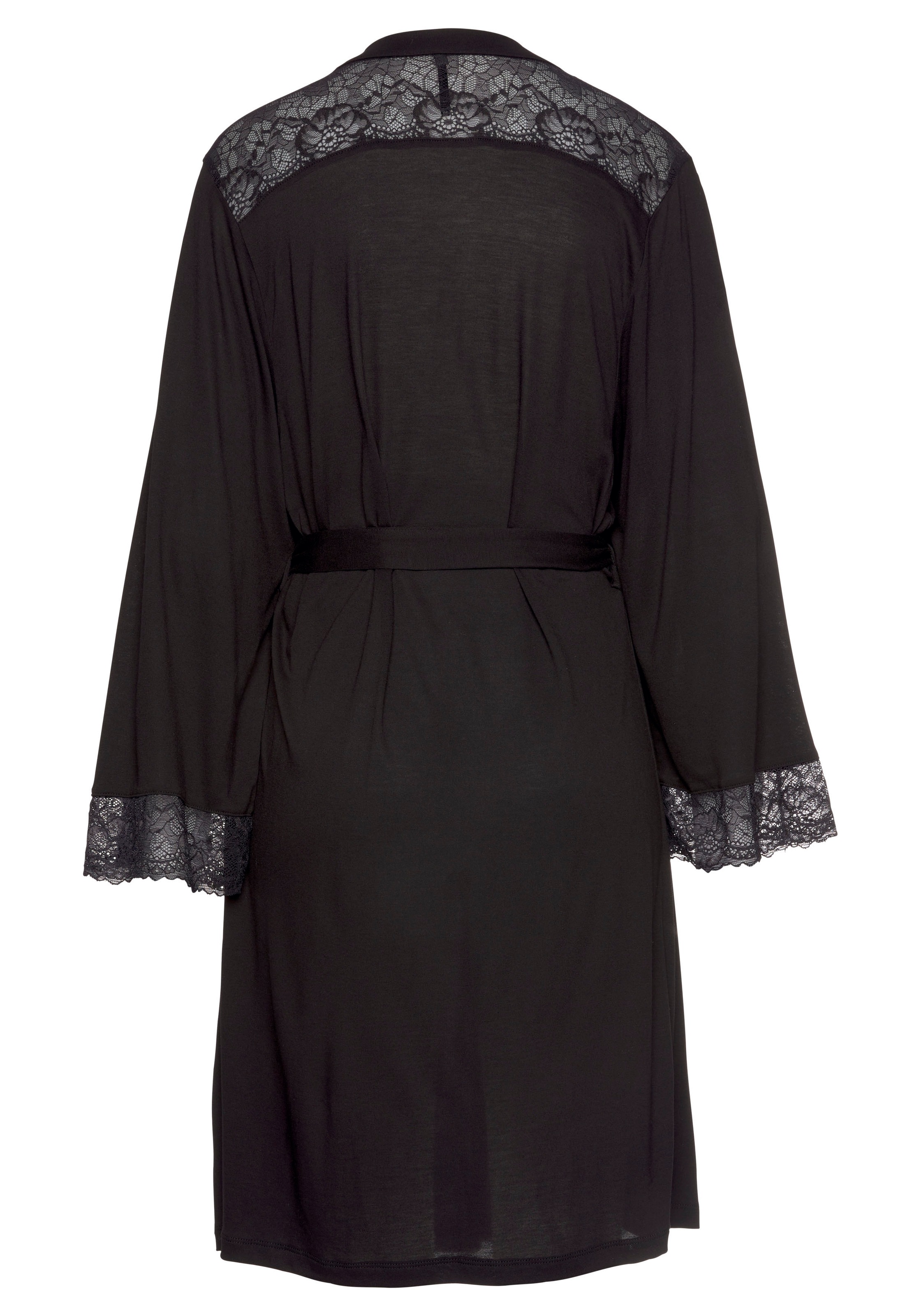 Kimono LASCANA, Damen, Gr. 32/34, schwarz, Viskose, unifarben, Kurzform, Hausmäntel, mit Spitzeneinsätzen 3