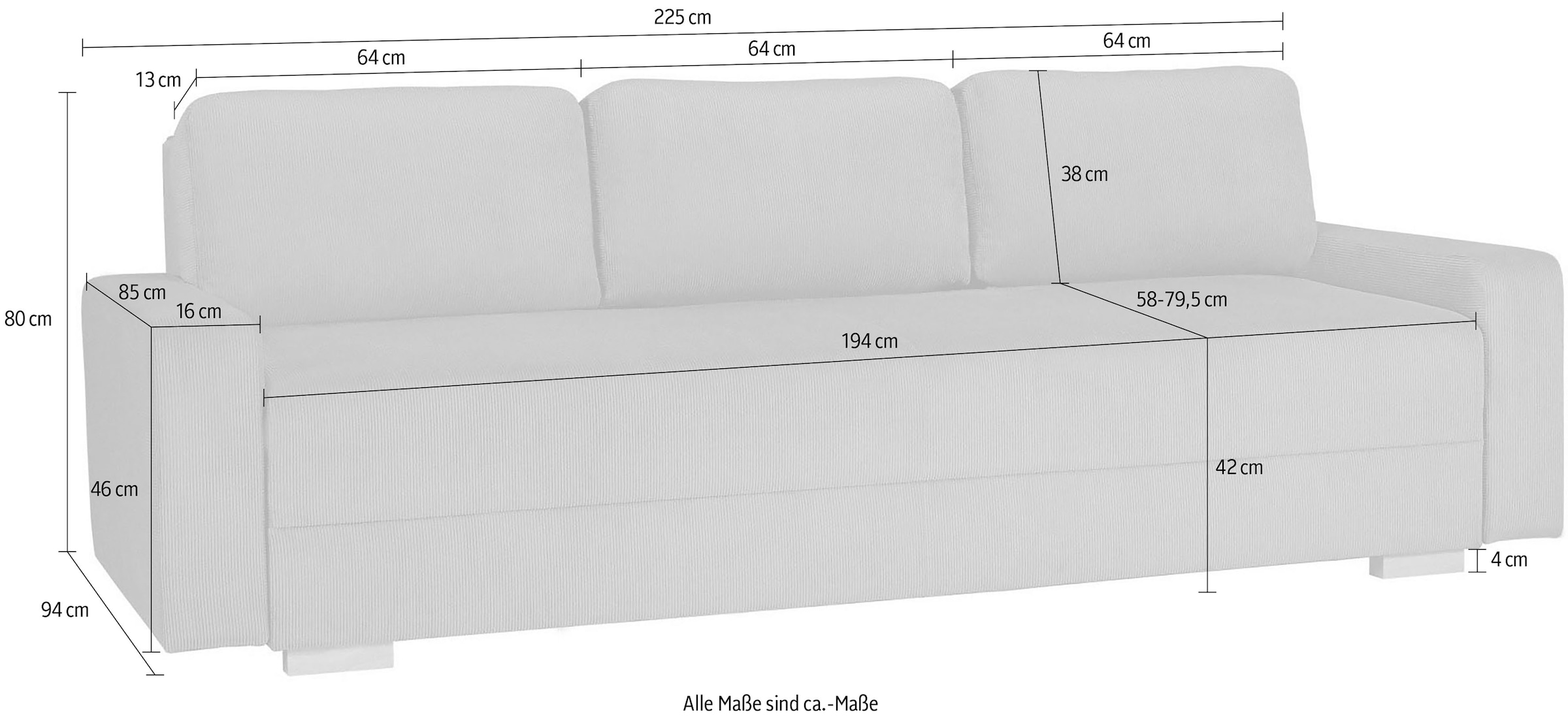 INOSIGN 3-Sitzer »SHERIDIAN Schlafsofa mit Bettkasten, in Feincord & Velvet«, mit Wellenunterfederung, moderne Bezüge, B/H/T 225/94/80