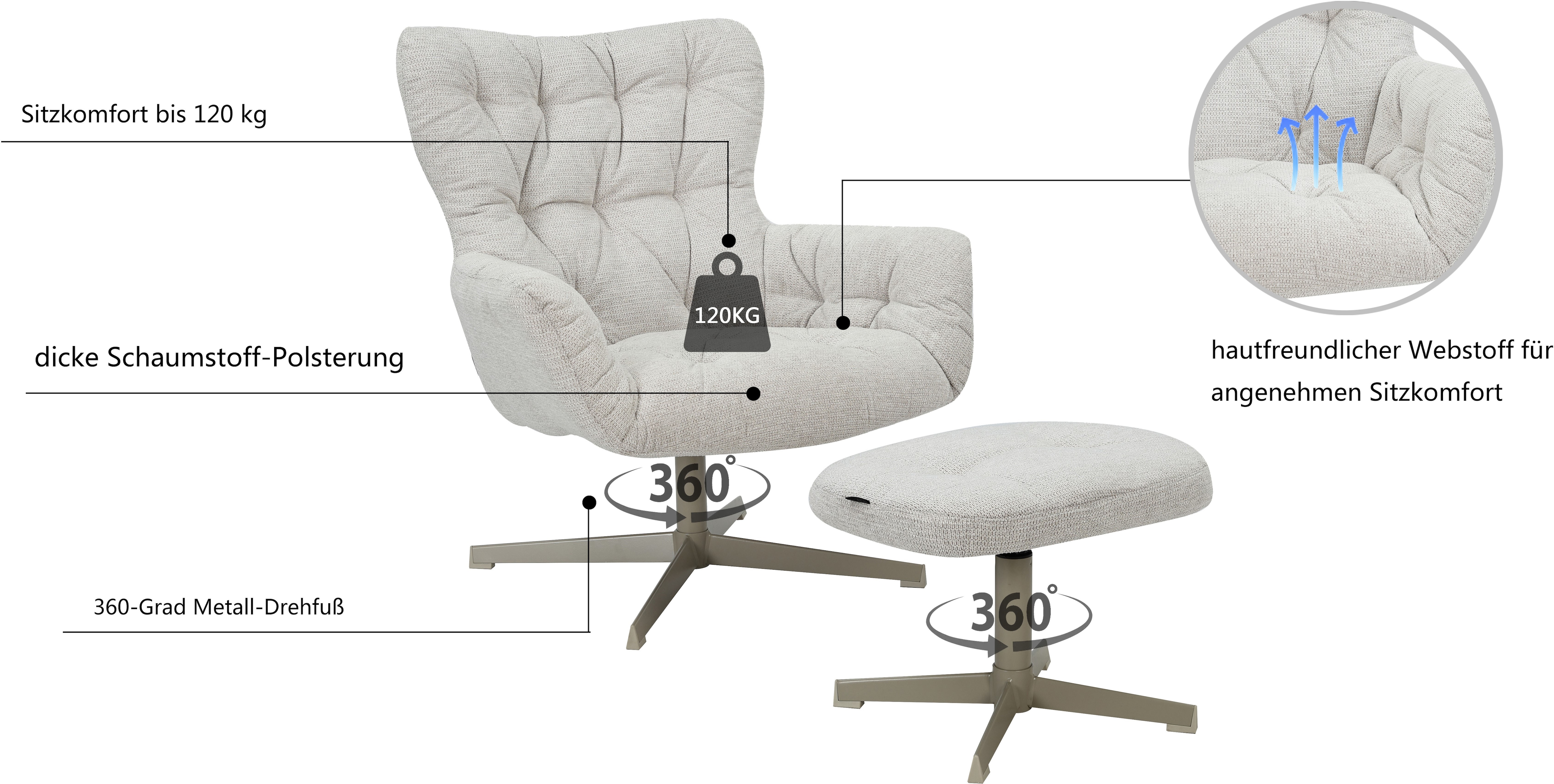 Thumbnail - INOSIGN Drehsessel "VERGAS Ohrensessel mit Hocker im Set", Relaxsessel mit 360-Grad-Drehfunktion u. Hocker, Web-Stoff