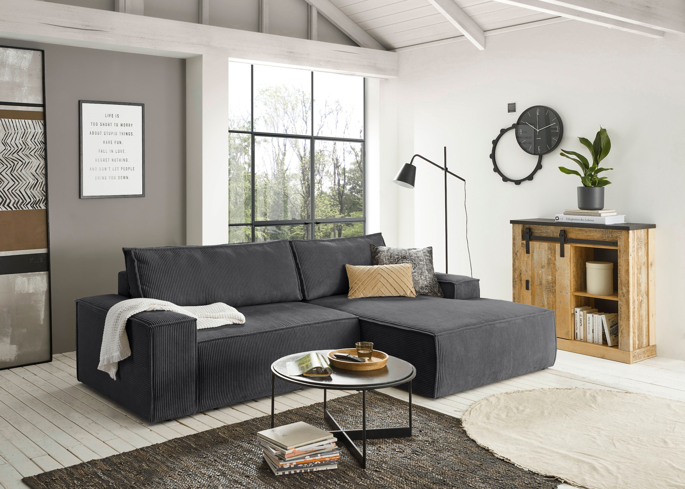 OTTO home Ecksofa »SHERWOOD L-Form, 267 cm - OTTO. Verlässliche Qualität.« Schlaffunktion mit Bettkasten (210x136 cm), Cord, Vintage, Samtvelours
