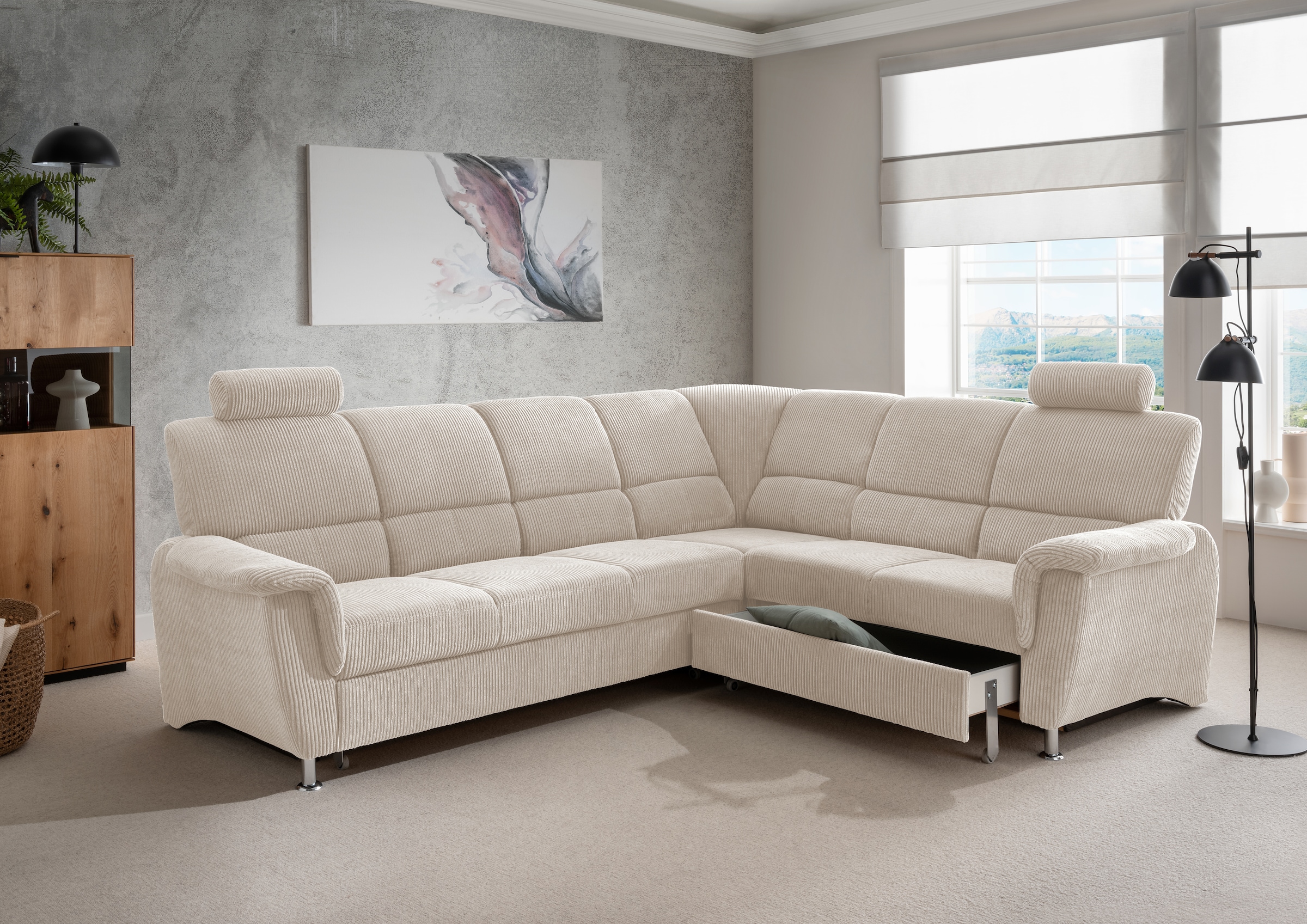 Home affaire Ecksofa »Pisa L-Form, mit Schlaffunktion, Stauraum, 2x höhenverstellbare«, Kopfstützen und Relaxfunktion im Eckelement