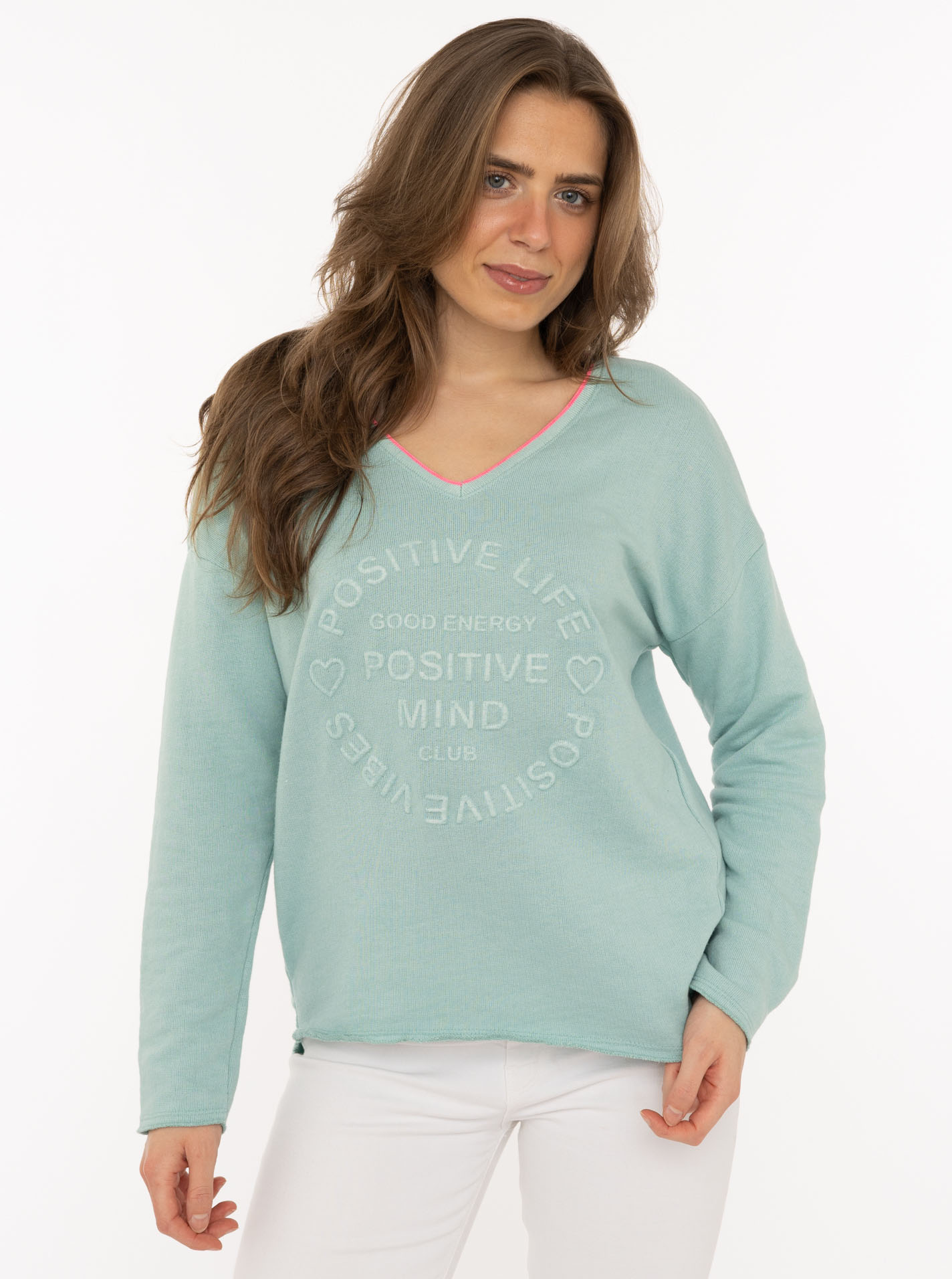 Zwillingsherz "„Positive Mind Neon Kante”", mit Kontrastnaht, V-Neck, washed out Optik, langarm