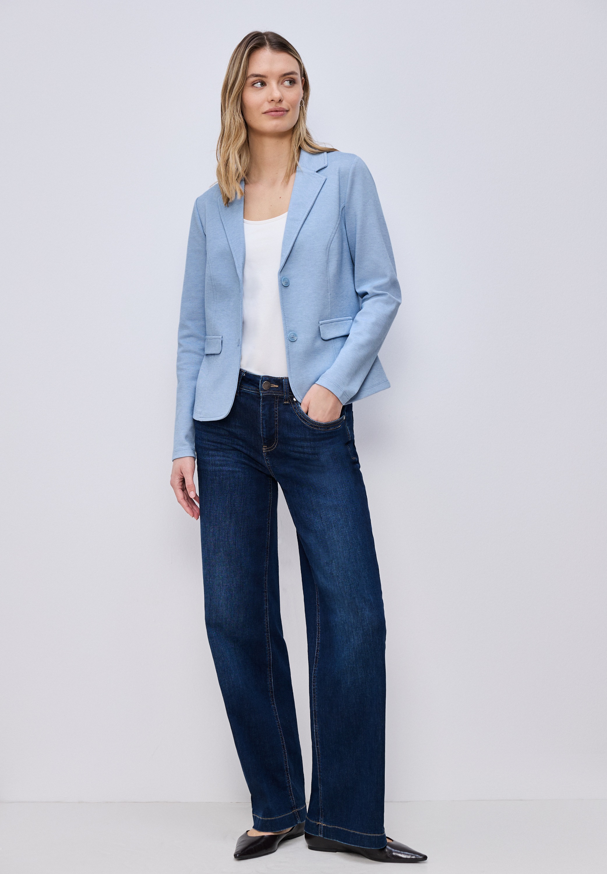 Kurzblazer STREET ONE, Damen, Gr. 44, original blau, Stoff, 83% Polyester, 14% Viskose, 3% Elasthan; shadowed navy melange: 73% Polyester, 24% Viskose, 3% Elasthan, Jacquardmuster, regular fit normal, V-Ausschnitt, normaler Saum, Blazer Kurzblazer, mit Re 6