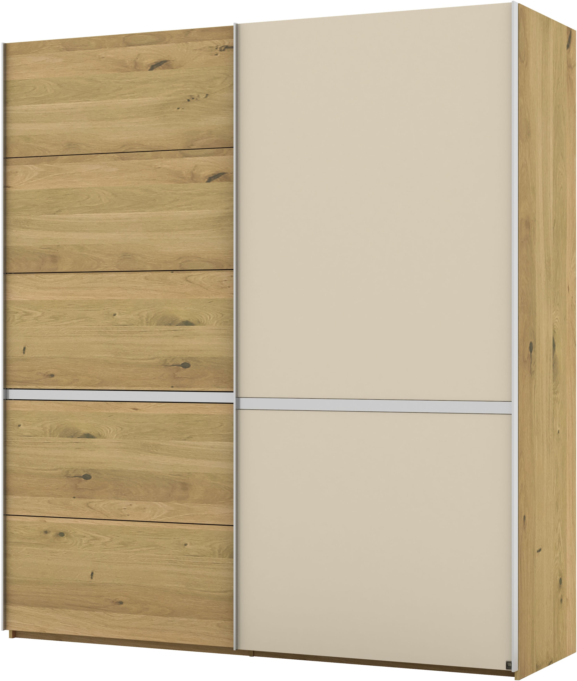 Musterring Schwebetürenschrank »Savona, Kleiderschrank, Schrank, Garderobe, mit Schiebetüren«, (Teilmassiv Bianco-Eiche, mit Spiegel oder Glas, MADE IN GERMANY), Türen Bianco-Eiche massiv, Spiegel-/Glastüren, eingelegte Chromleiste