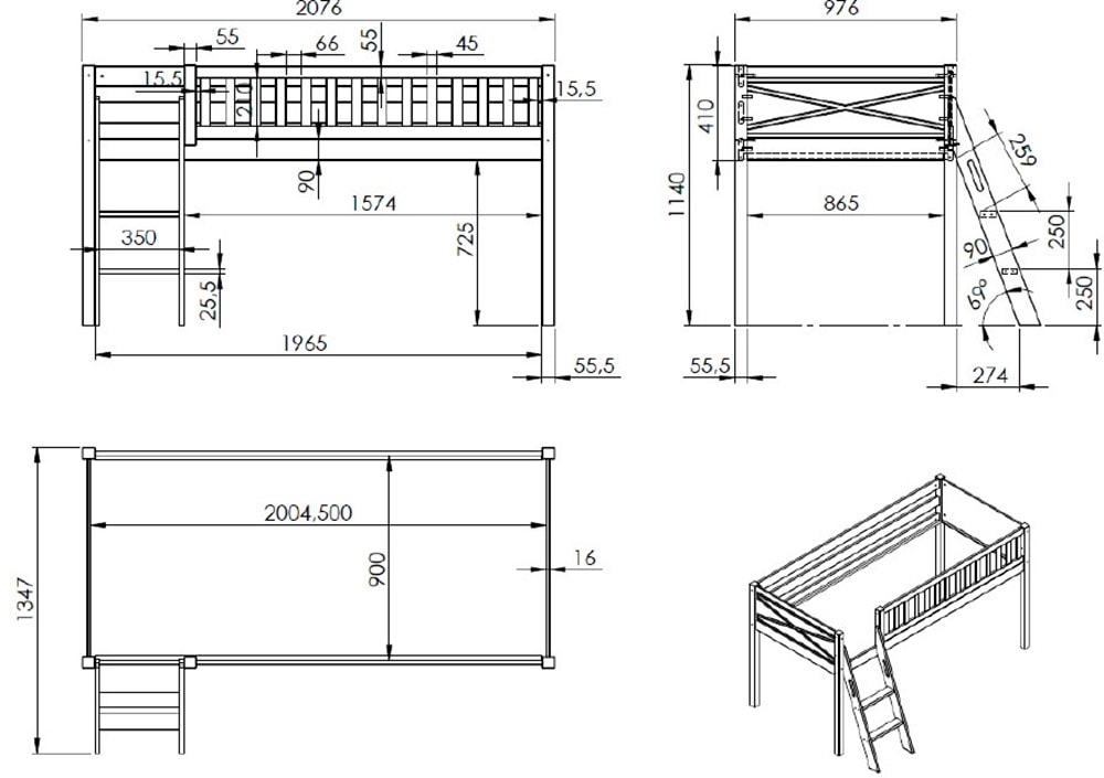 Vipack Hochbett »Scott«, (Made in Europe), mit schräger Leiter, LF 90x200 cm, Vorhang, Tasche, 4 Designs