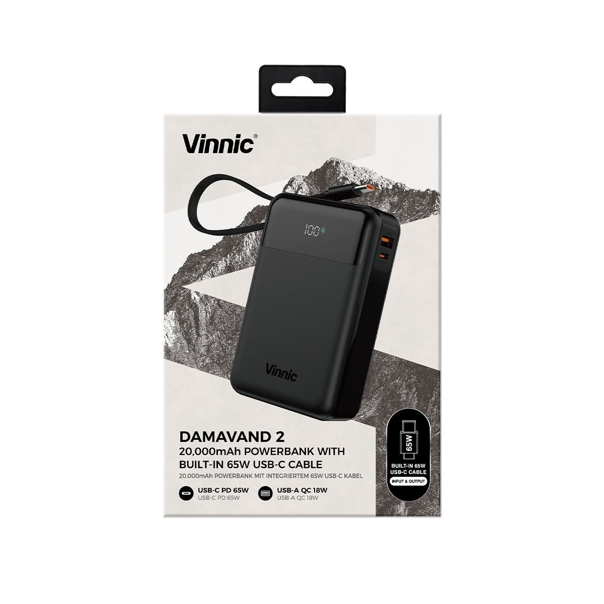 Vinnic Powerbank »DAMAVAND 2 20.000 mAh 65W«, Vinnic DAMAVAND 2 65W 20.000mAh Powerbank USB-C, Black, 20000 mAh