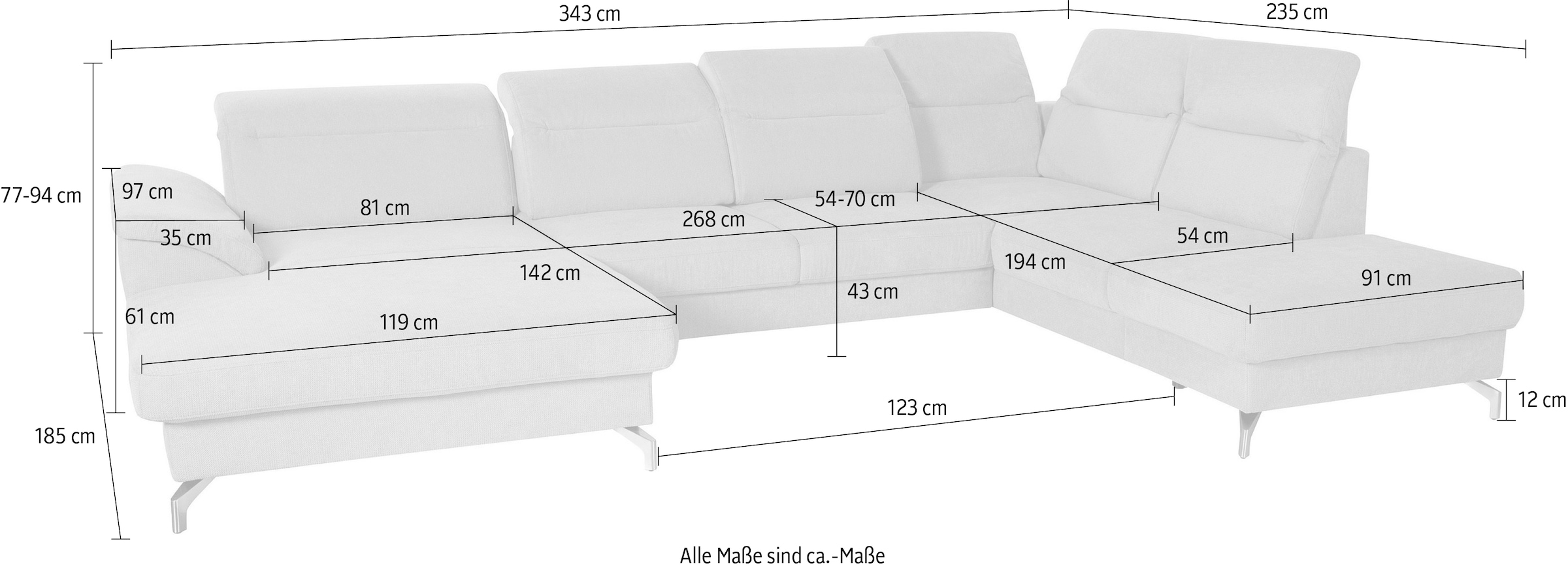 sit&more Wohnlandschaft »Percy U-Form«, 12 cm Fußhöhe, Sitztiefenverstellung, wahlweise in 2 Fußfarben