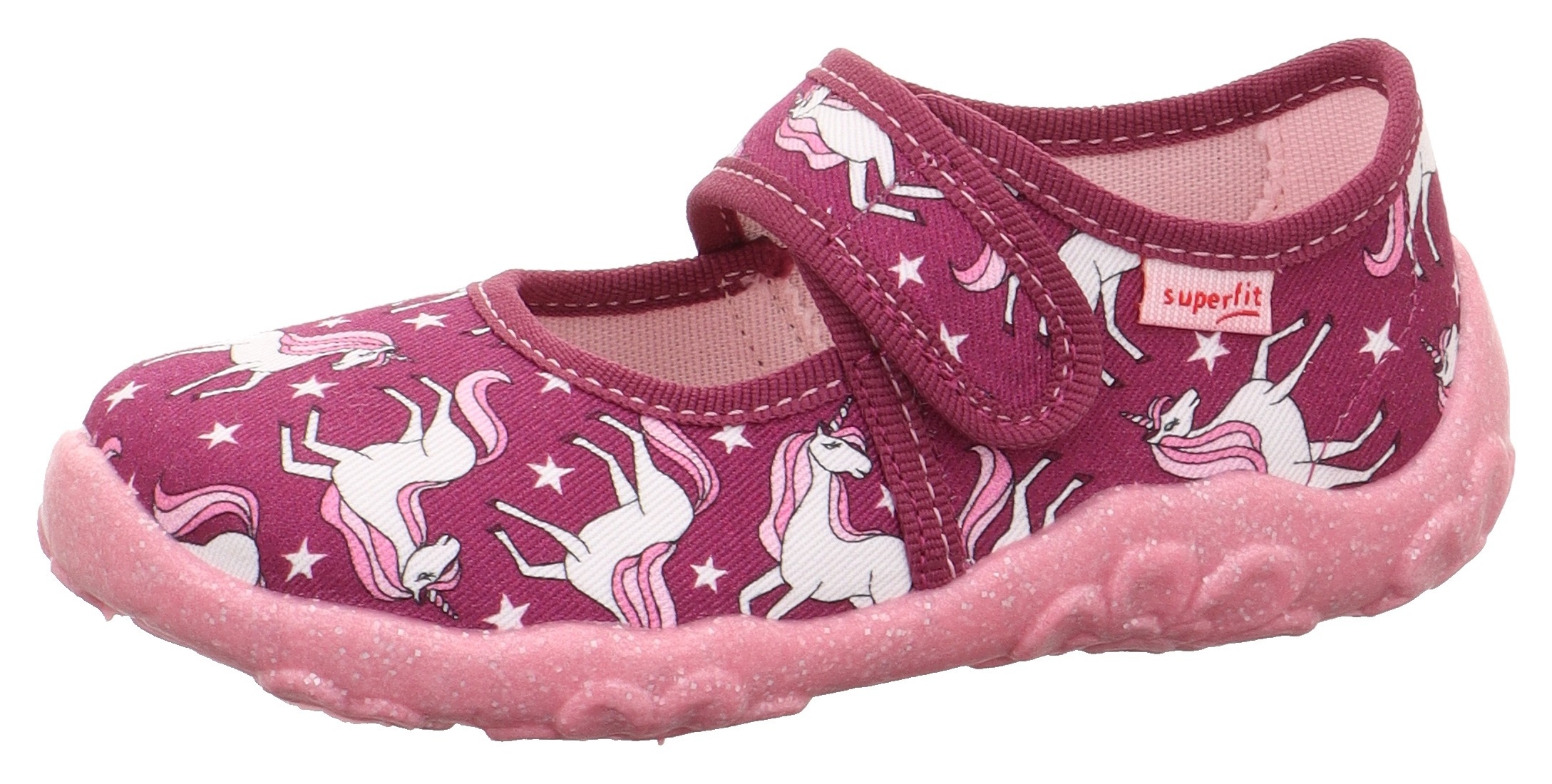 SUPERFIT Mädchen Hausschuh "BONNY WMS: Mittel", Gr. 32, rot, Baumwolle, Glitzer, Schuhe, Kindergartenschuh mit Einhorn-Motiv, Größenschablone zum