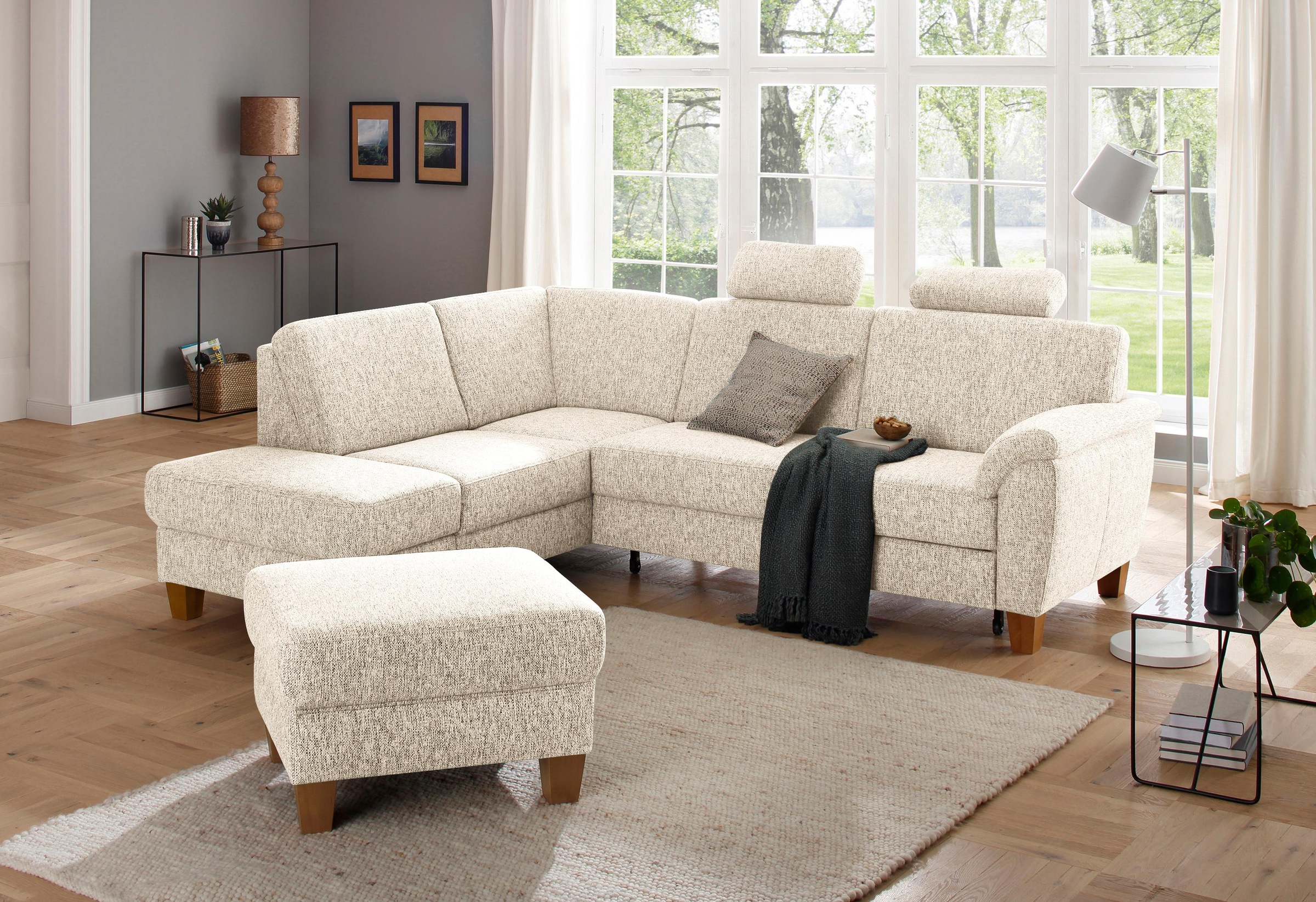 OTTO home Ecksofa "Alta L-Form" mit Federkern und Kontrastnaht, Füße Buche eichefarben