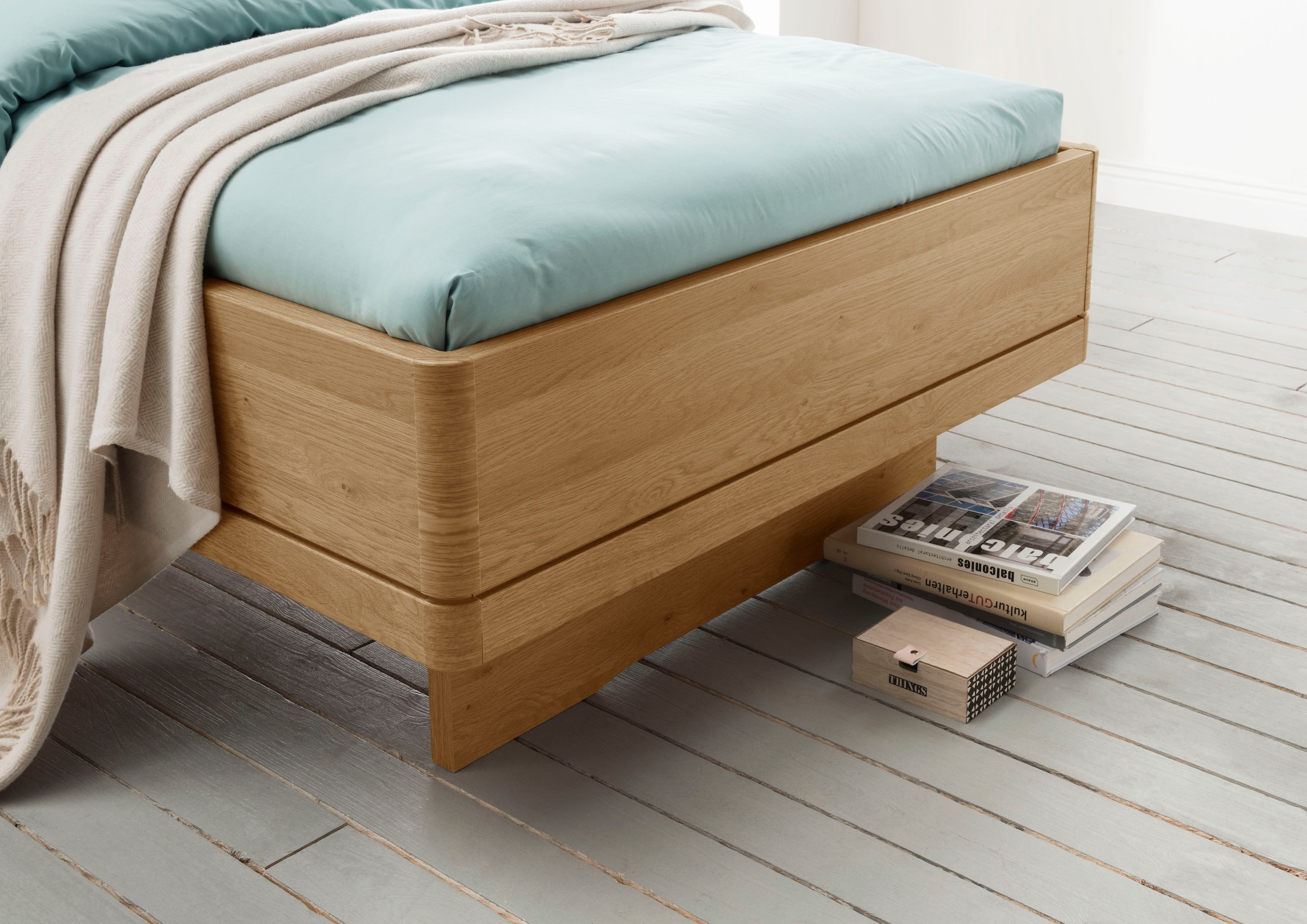 WIEMANN Bett »Kiruna, Bettgestell, Bettrahmen, Eiche Nachbildung, Polsterkopfteil«, (4-fache Liegehöhenverstellung, MADE IN GERMANY), Polsterkopfteil aus Kunstleder, verschiedene Größen, in Komforthöhe