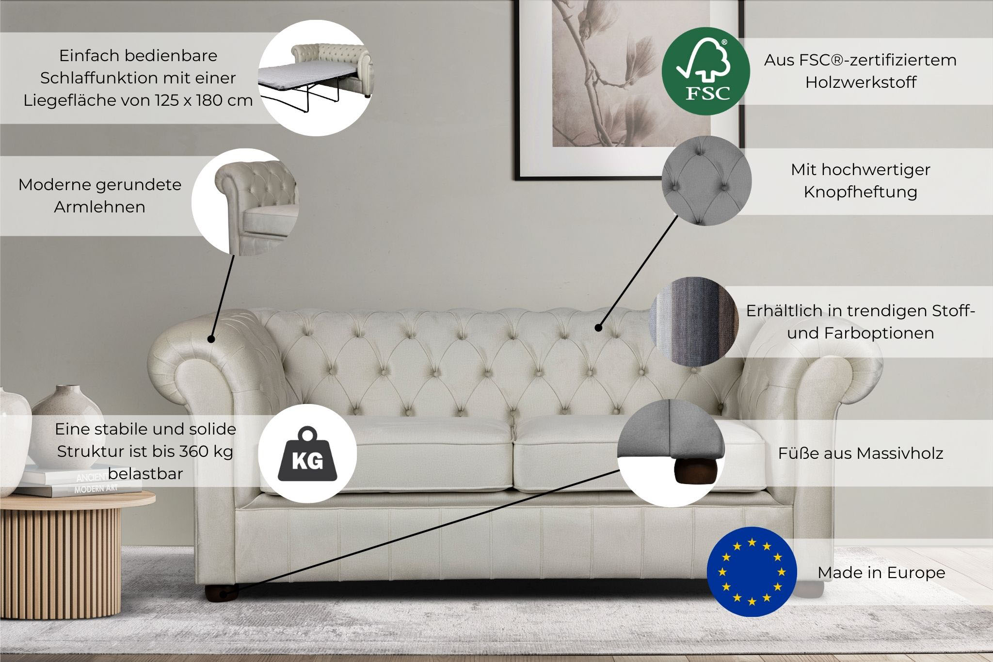Thumbnail - Home affaire 3-Sitzer "CHARENTE, optionale Schlafsofa, Chesterfield-Sofa, Bettfunktion", mit edler Knopfheftung und typi...