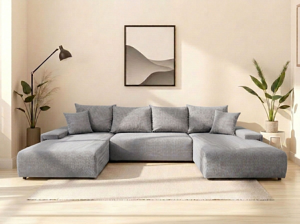WERK2 Wohnlandschaft "Amalfi 348 x 188 cm modern und bequem" Cord, U-Form, XXL, Schlaffunktion, Bettkasten