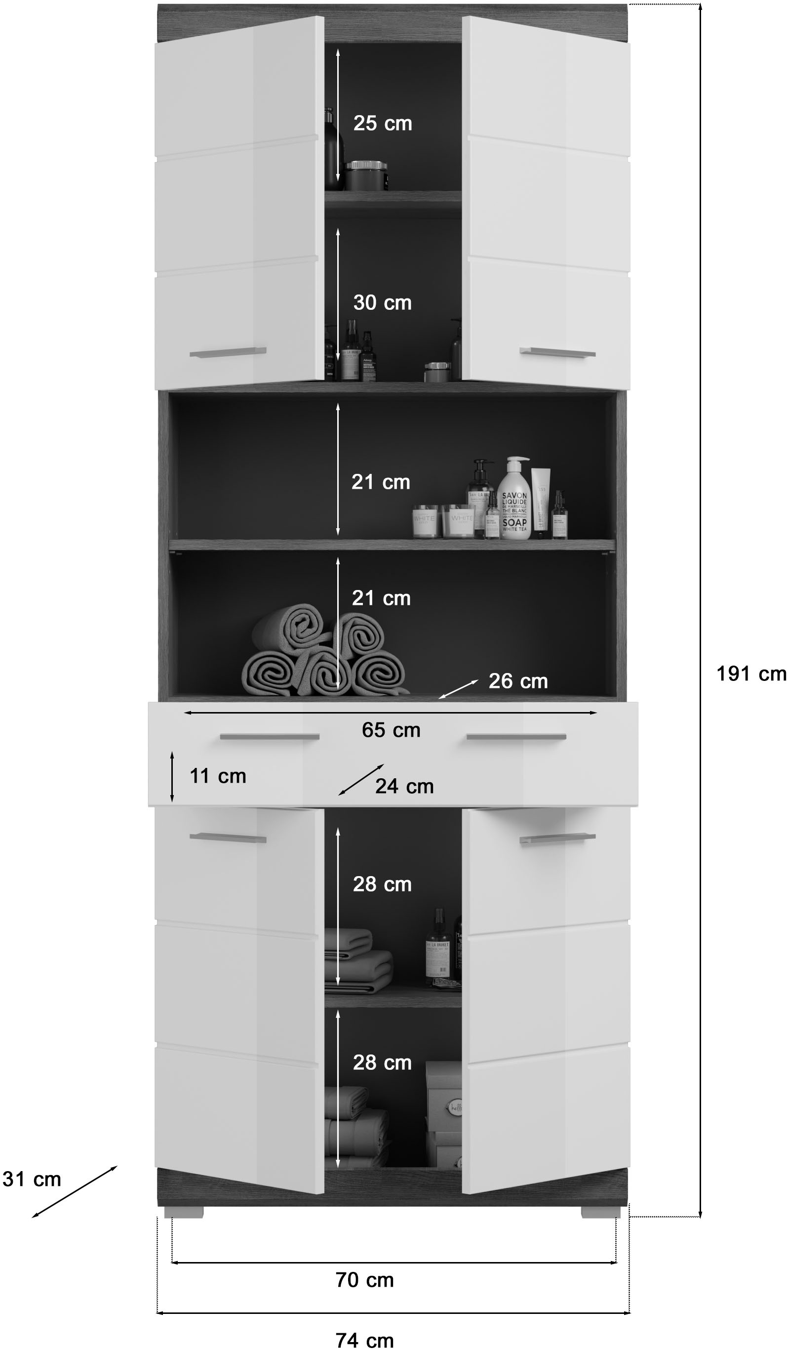 INOSIGN Badmöbel-Set »Siena, 4 teilig, bestehend aus:«, (Set, 4 St.), Hochschrank, Waschbeckenunterschrank, Badspiegel, Hochschrank breit