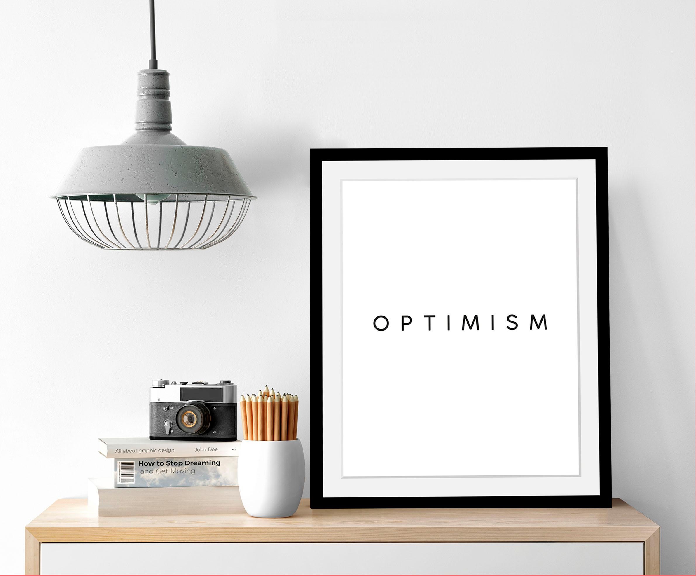 queence Bild »Optimism«, Schwarz-Weiß-Schriftzug-Motivationsbilder-Spa-Spa Bilder, HD Premium Poster-Druck inkl. Holzrahmen