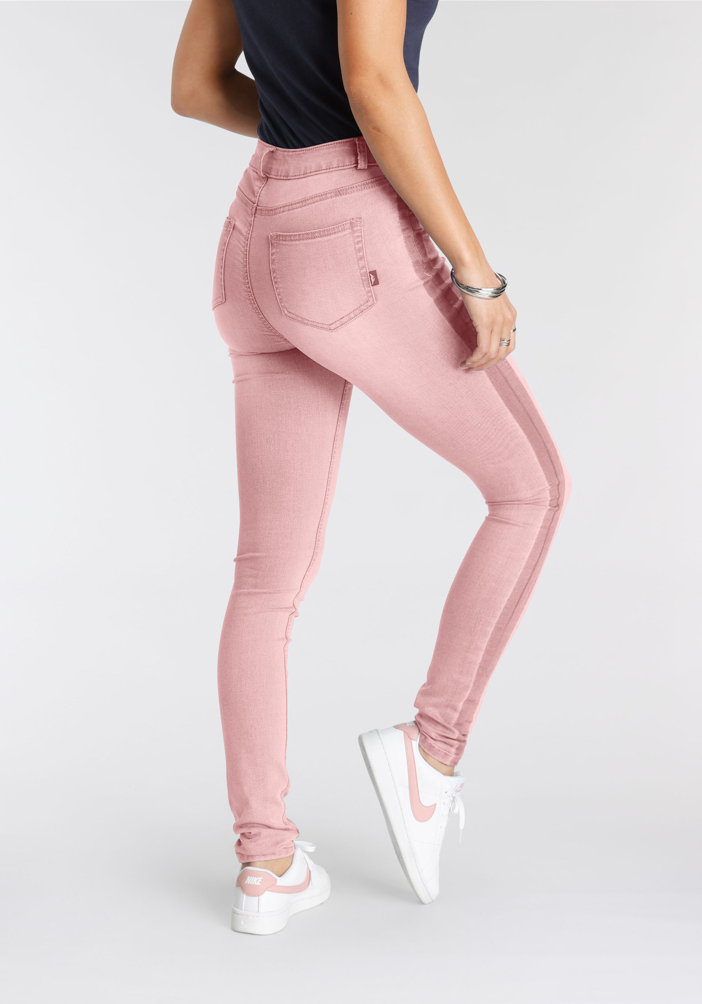 Arizona Skinny-fit-Jeans High kaufen Waist seitlichem BAUR mit | Stretch«, »Ultra Streifen