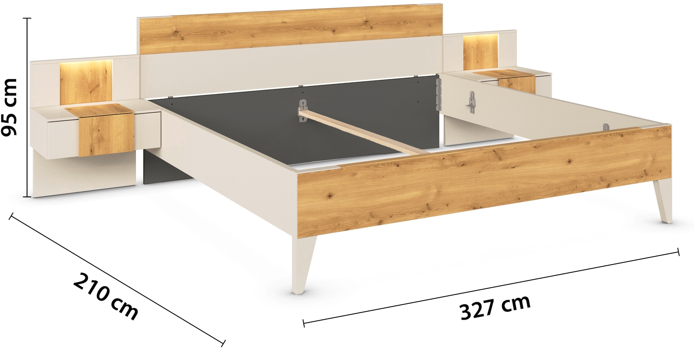 rauch Bettanlage »Bett Doppelbett Komfortbett Schlafzimmer Nachttische KONA« Set, Bett 180x200 oder 200x200, 2x Hängenachttisch, 2x Paneele mit Bel., 5 tlg. tlg. Absetzung Asteiche massiv, inkl. SOFT-CLOSE-FUNKTION MADE IN GERMANY