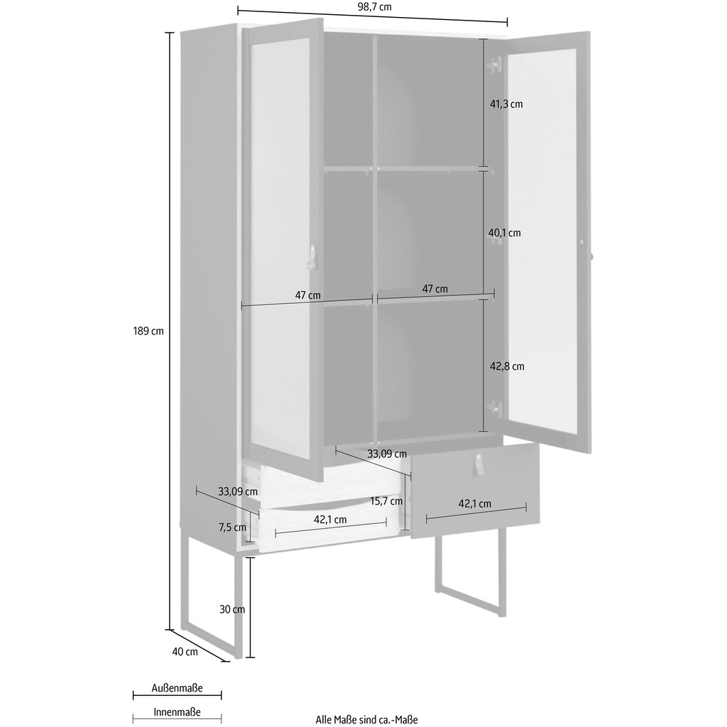 Home affaire Vitrine »Stubbe«, mit zwei Rahmentüren mit Glas-Füllung, 3 Schubladen, Griffe