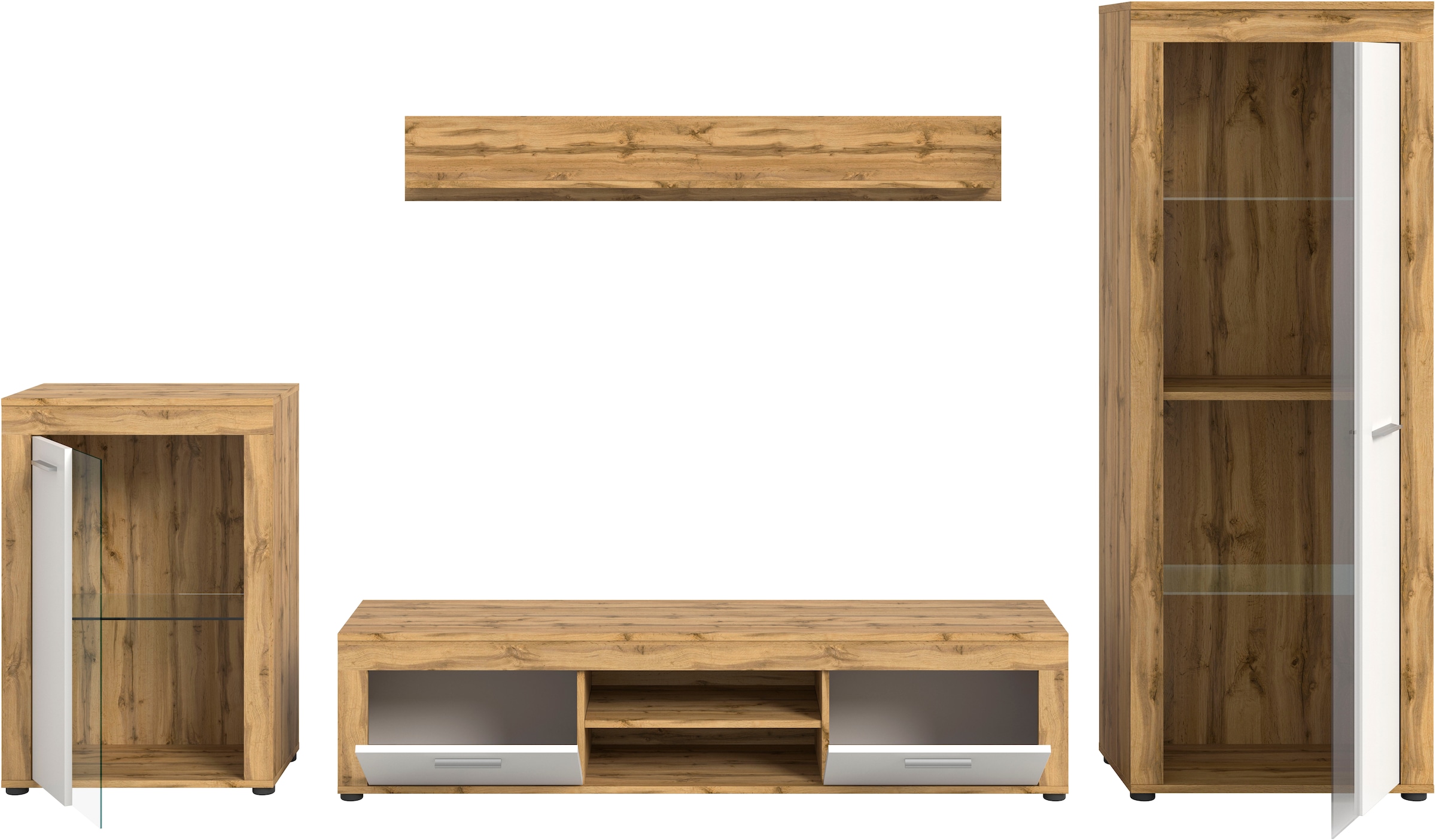 INOSIGN Wohnwand »Aosta, 4-tlg., best. aus: Vitrine, Lowboard, Wandboard & Vitrine hoch«, (4 St.), Wohnwand, Kombination, Anbauwand, Möbel Set, Schrankwand, Möbel Kombi