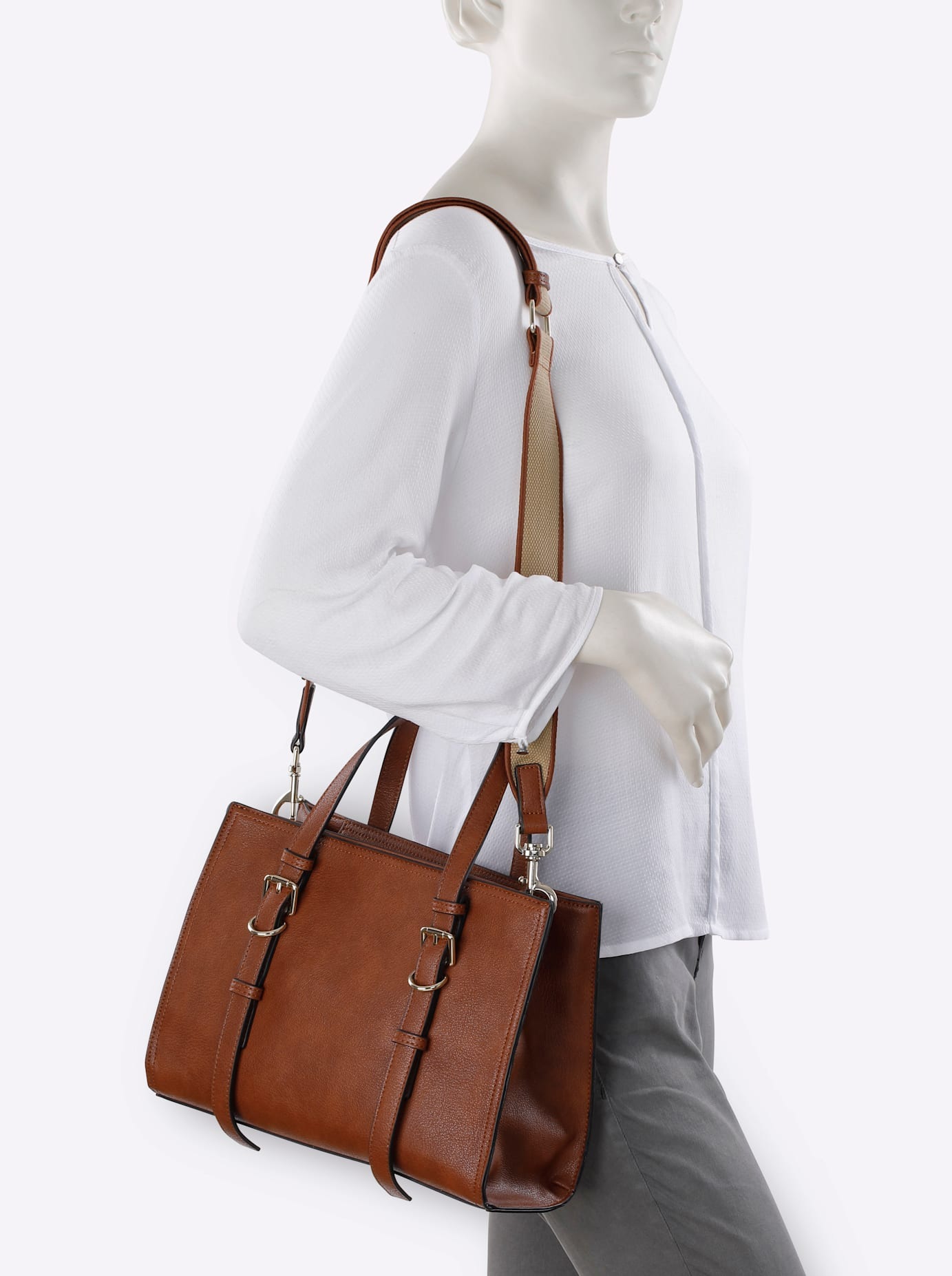 Umhängetasche HEINE, Damen, Gr. B/H/T: 30cm x 22cm x 12cm, braun (cognac), Baumwollmischung, Metall, Viskosemischung, unifarben, Taschen Umhängetasche 2