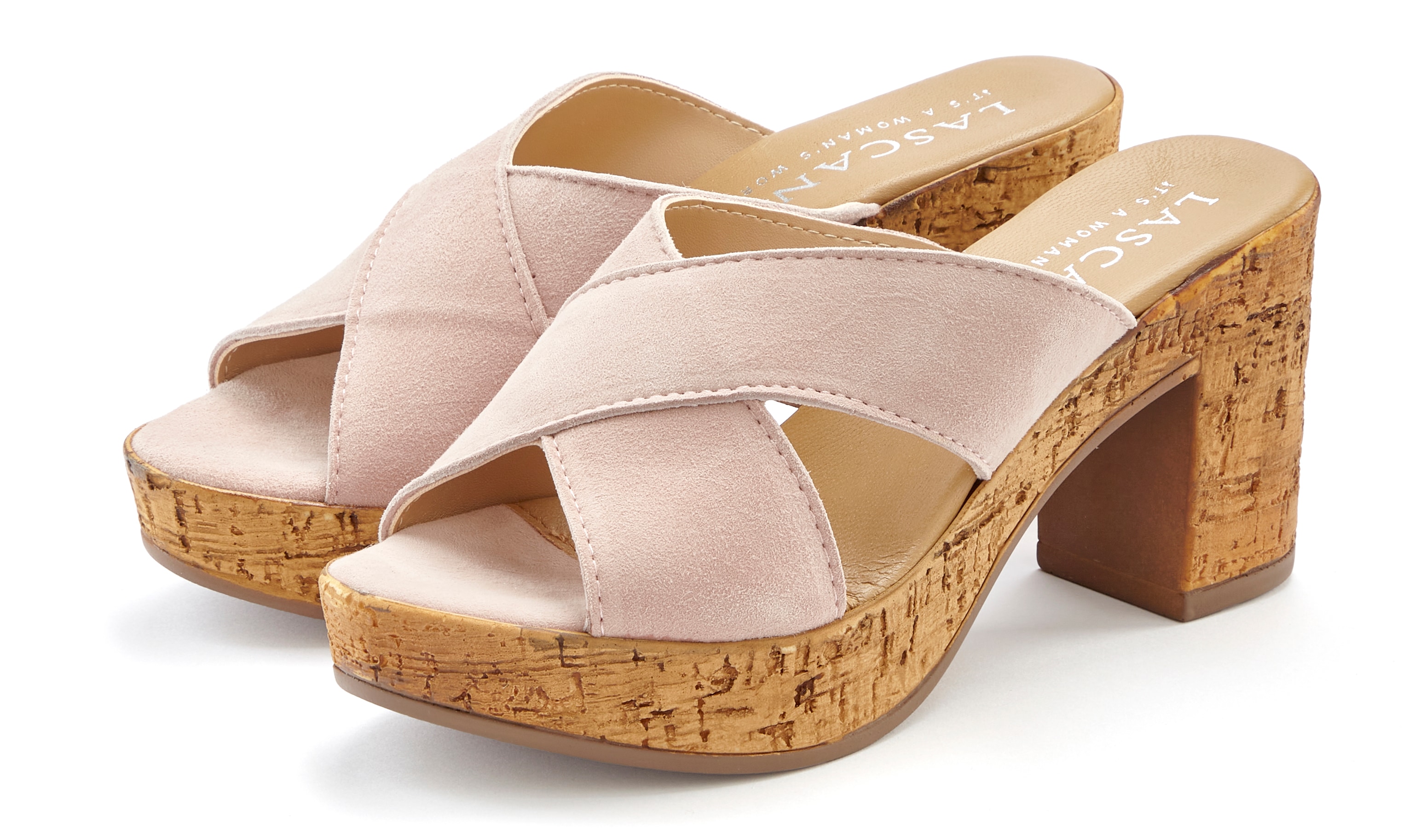 LASCANA Pantolette "Sommerschuh, offener Schuh, Sandalette, Mule," aus Leder mit Blockabsatz in Kork-Optik