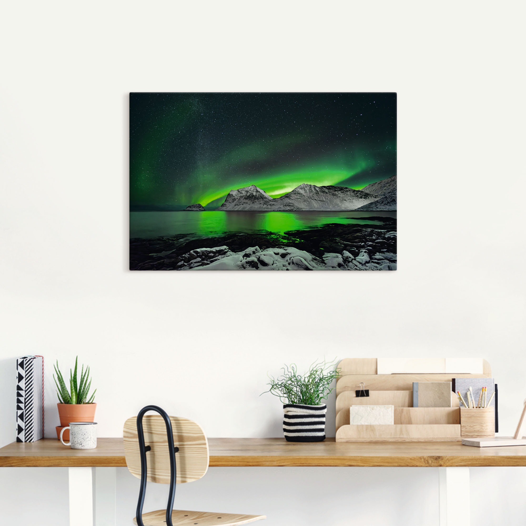 Artland Leinwandbild "Polarlicht über einer winterlichen Berg" Gewässer 1 S günstig online kaufen