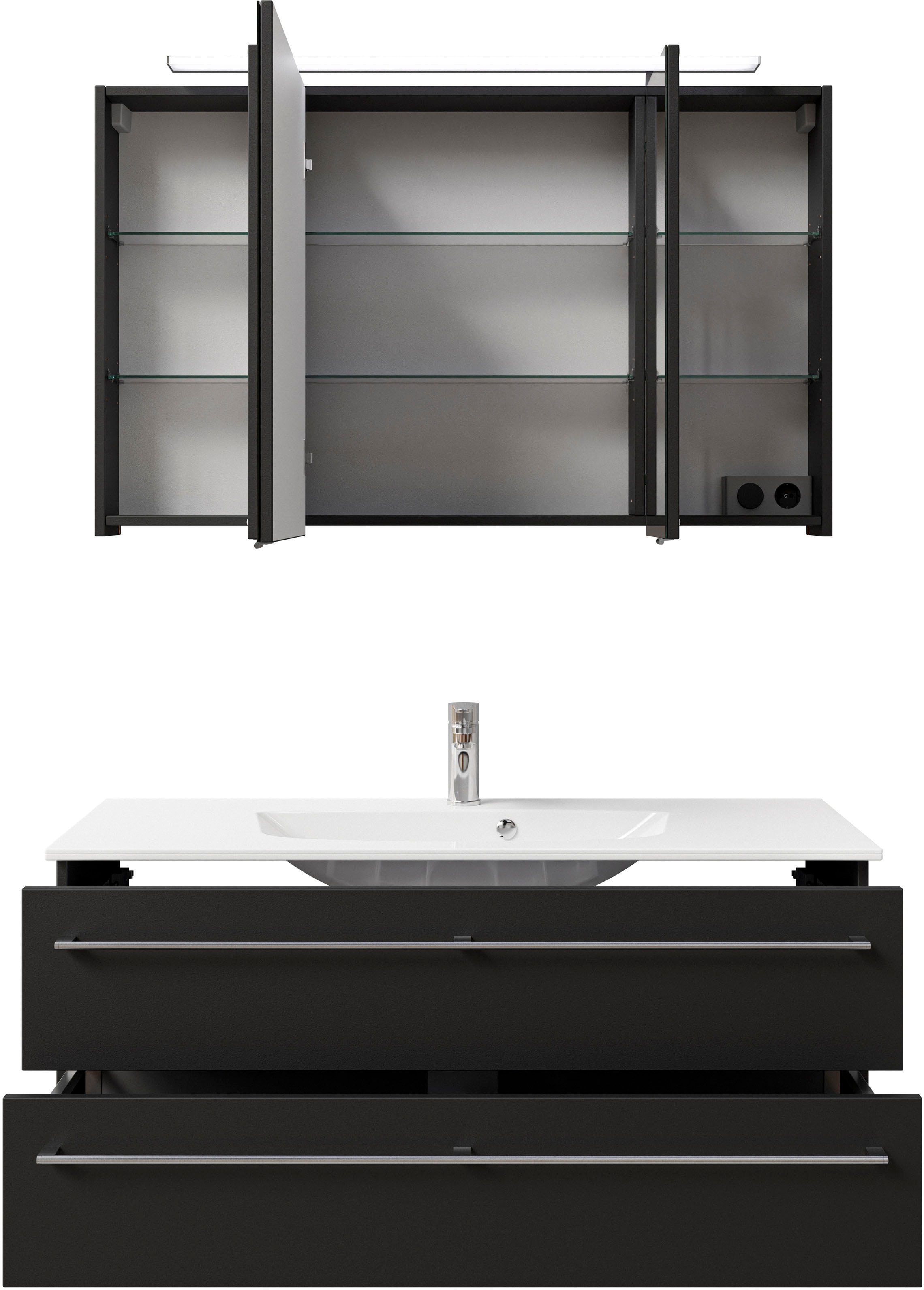 Saphir Badmöbel-Set »Serie 6025 2-teilig Mineralmarmor-Waschtisch mit LED-Spiegelschrank«, (2 St.), Waschplatz 117cm breit, 2 Schubladen, 3 Spiegel-Türen, inkl Türdämpfer
