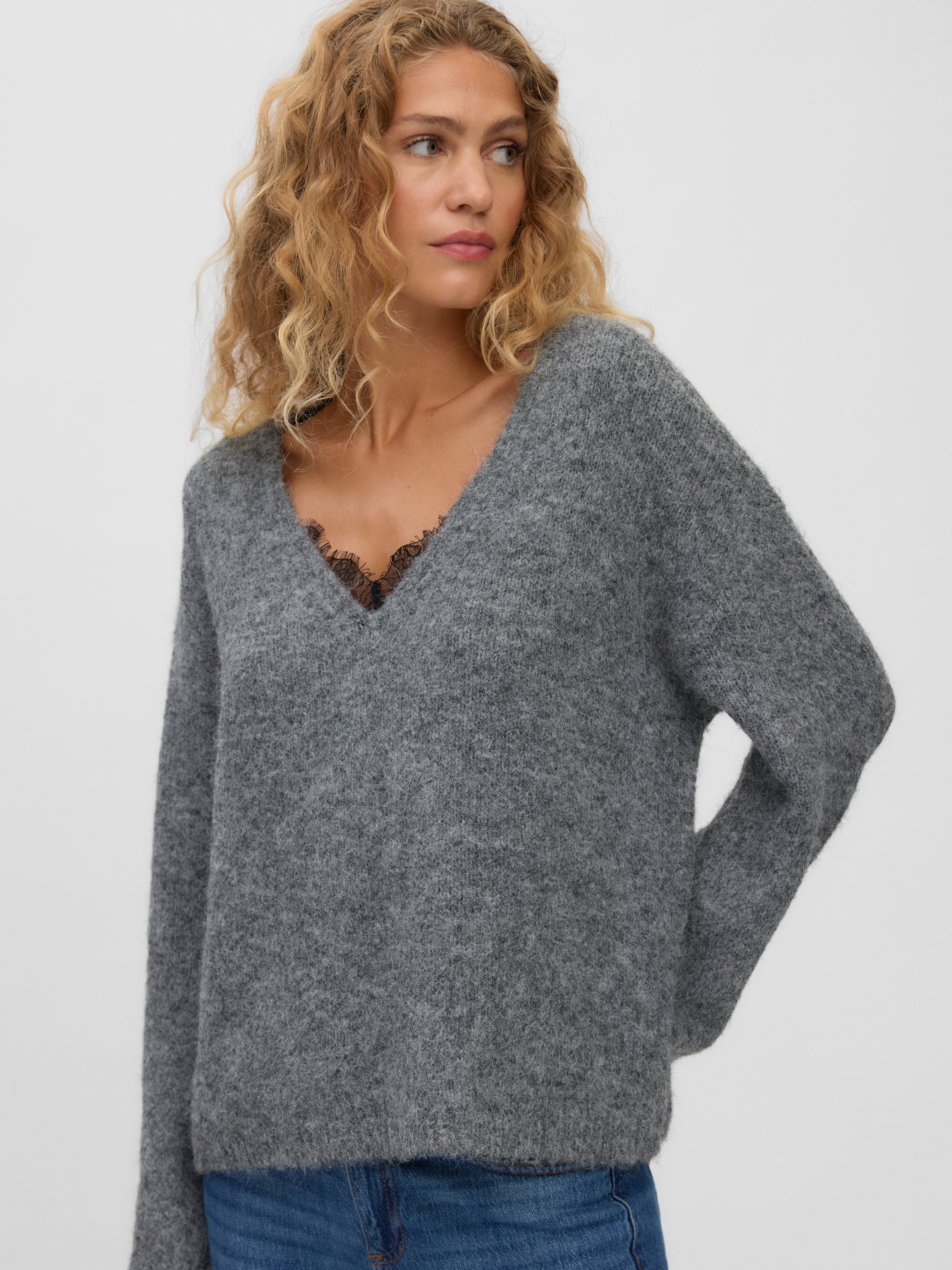 Vero Moda Strickpullover »VMBERRY LACE LS V-NECK PULLOVER NOOS« Materialmix, regular fit, Spitze