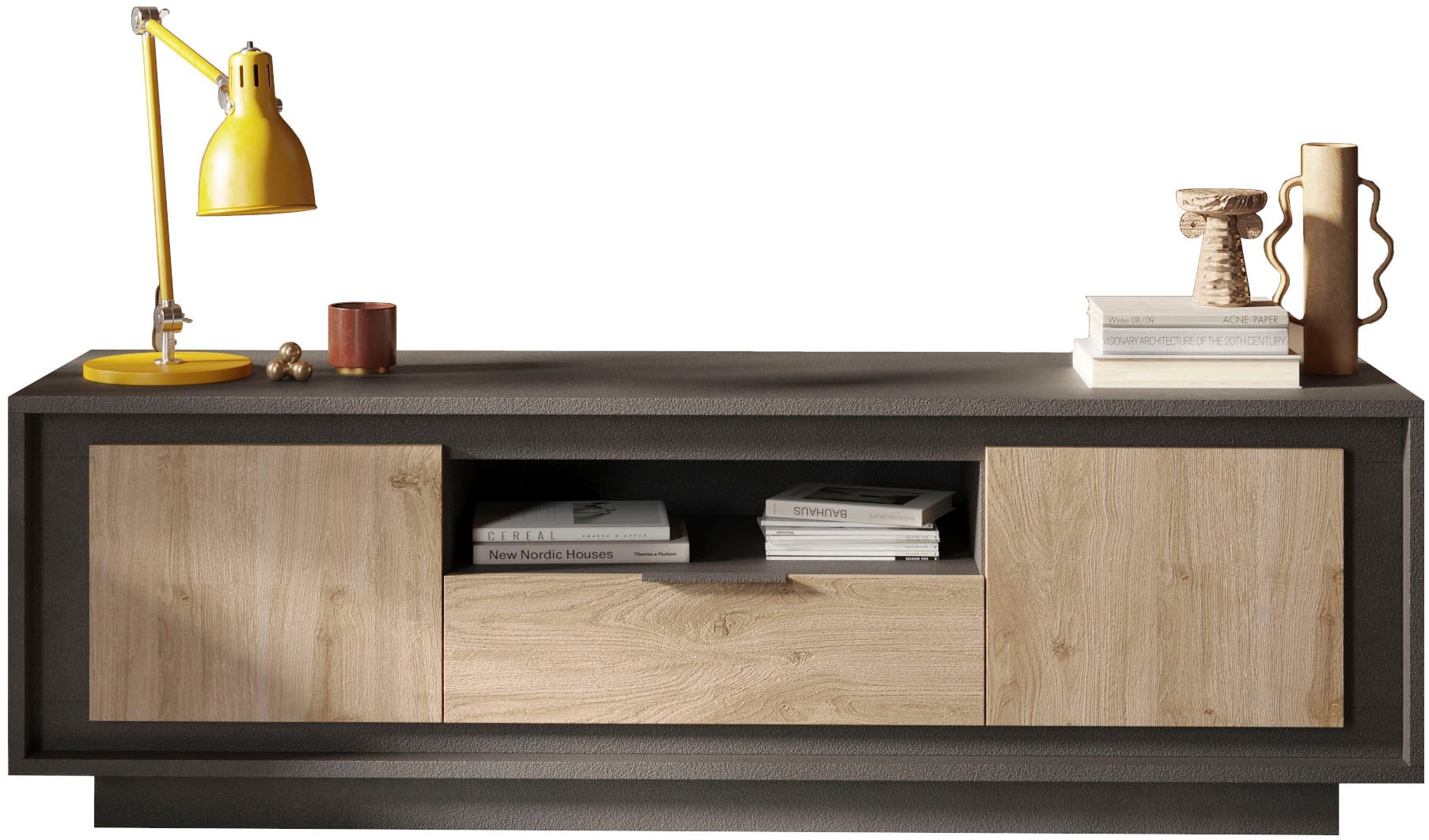 Home affaire Lowboard "Sky, B/T 180/50 cm, TV-Schrank/Medienboard, 2 Türen, 1 Schubkasten" Softclosing, Korpus & Front 22 mm stark, Rahmen-Optik, Metallgriff