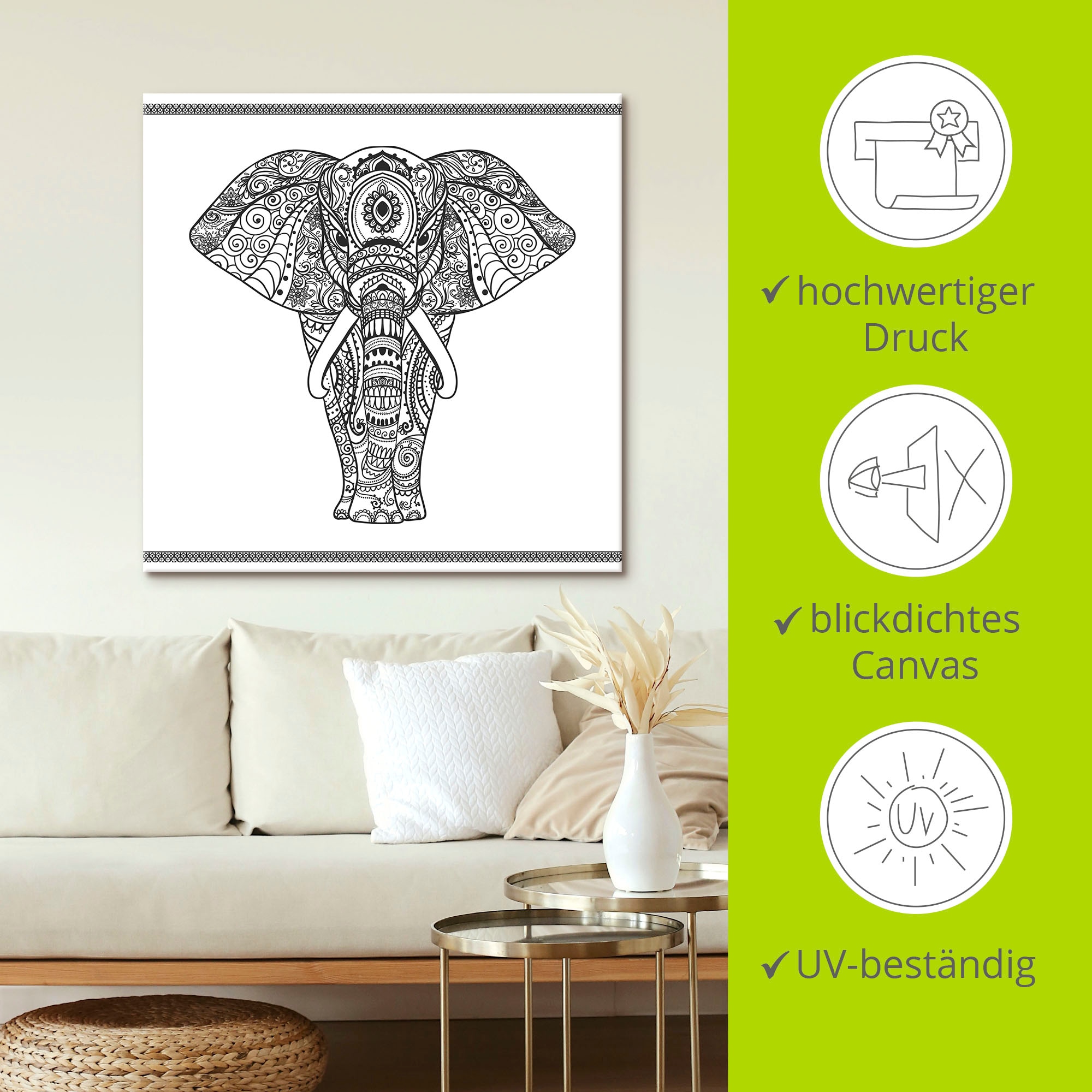Artland Leinwandbild "Elefant in Mandala" Wildtiere 1 Stk. tlg. auf Holzrahmen gespannt
