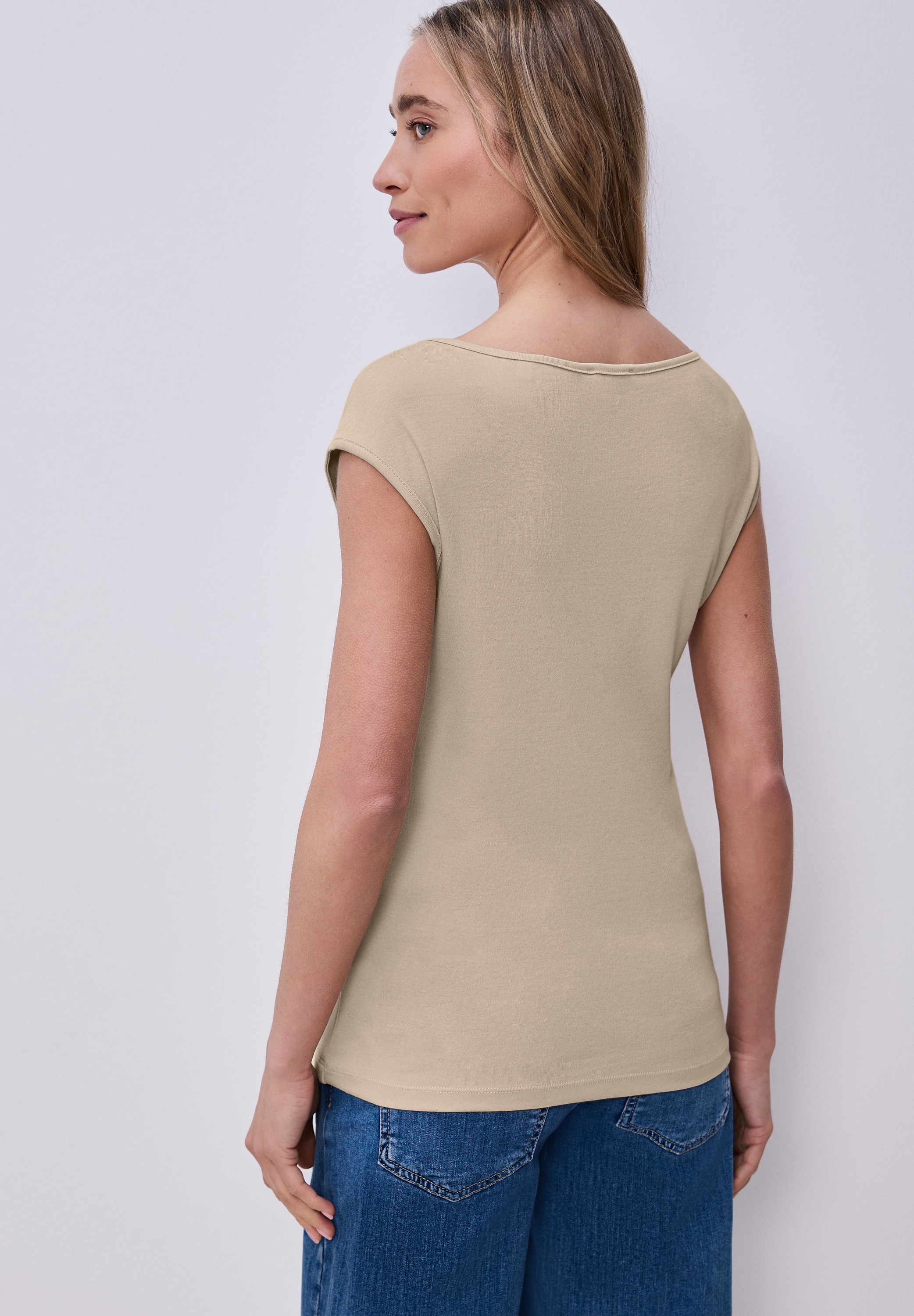 T-Shirt STREET ONE, Damen, Gr. 40, sanftes weiß, cotton beige, Web, 50% Baumwolle, 50% Modal, unifarben, normal normal, U-Boot-Ausschnitt, abgesteppt, Shirts T-Shirt, mit U-Boot-Ausschnitt 2