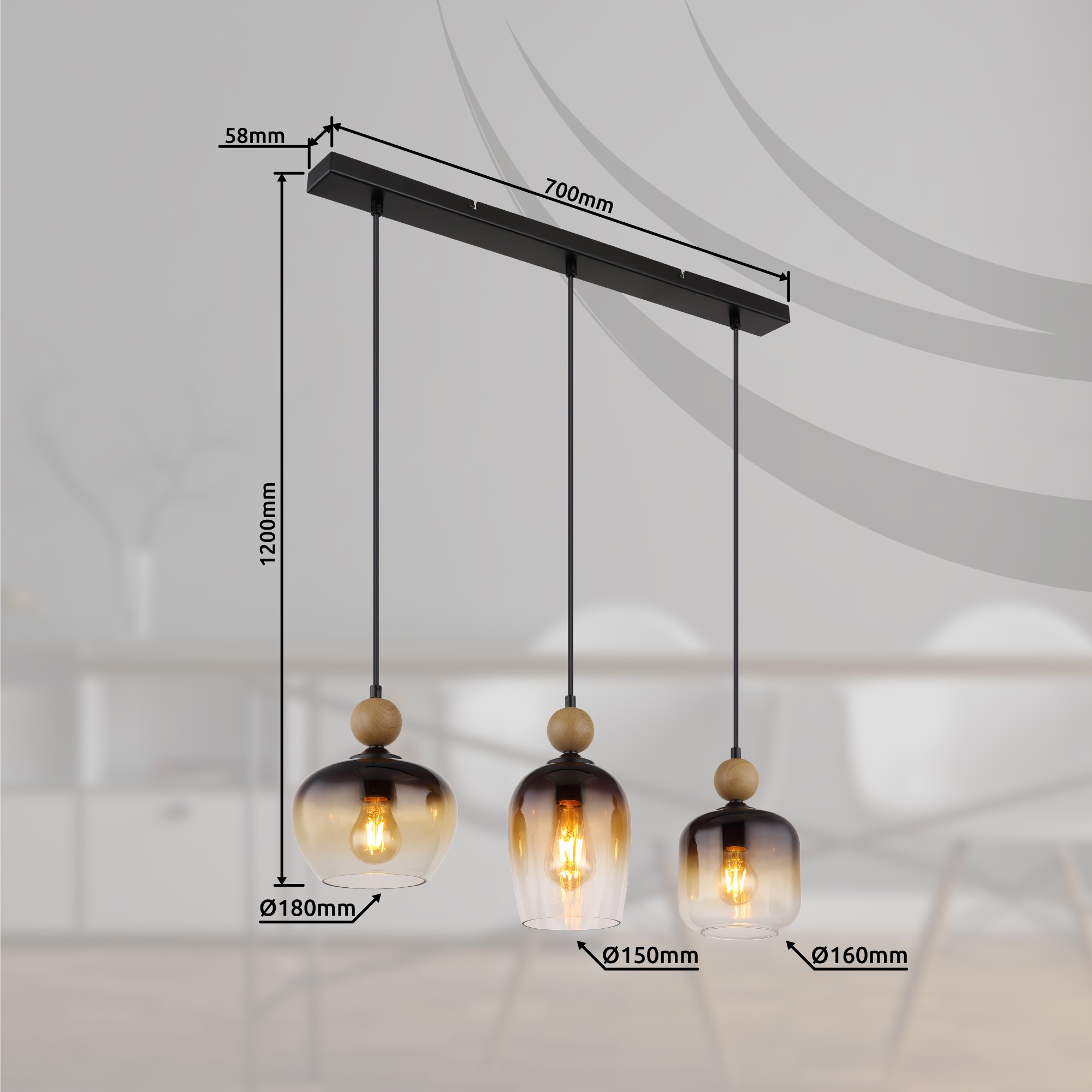 GLOBO LIGHTING Hängeleuchte »COMMY« E27 1 Stk. Hängelampe schwarz holzoptik Glas rauchfarben amber klar verlaufend