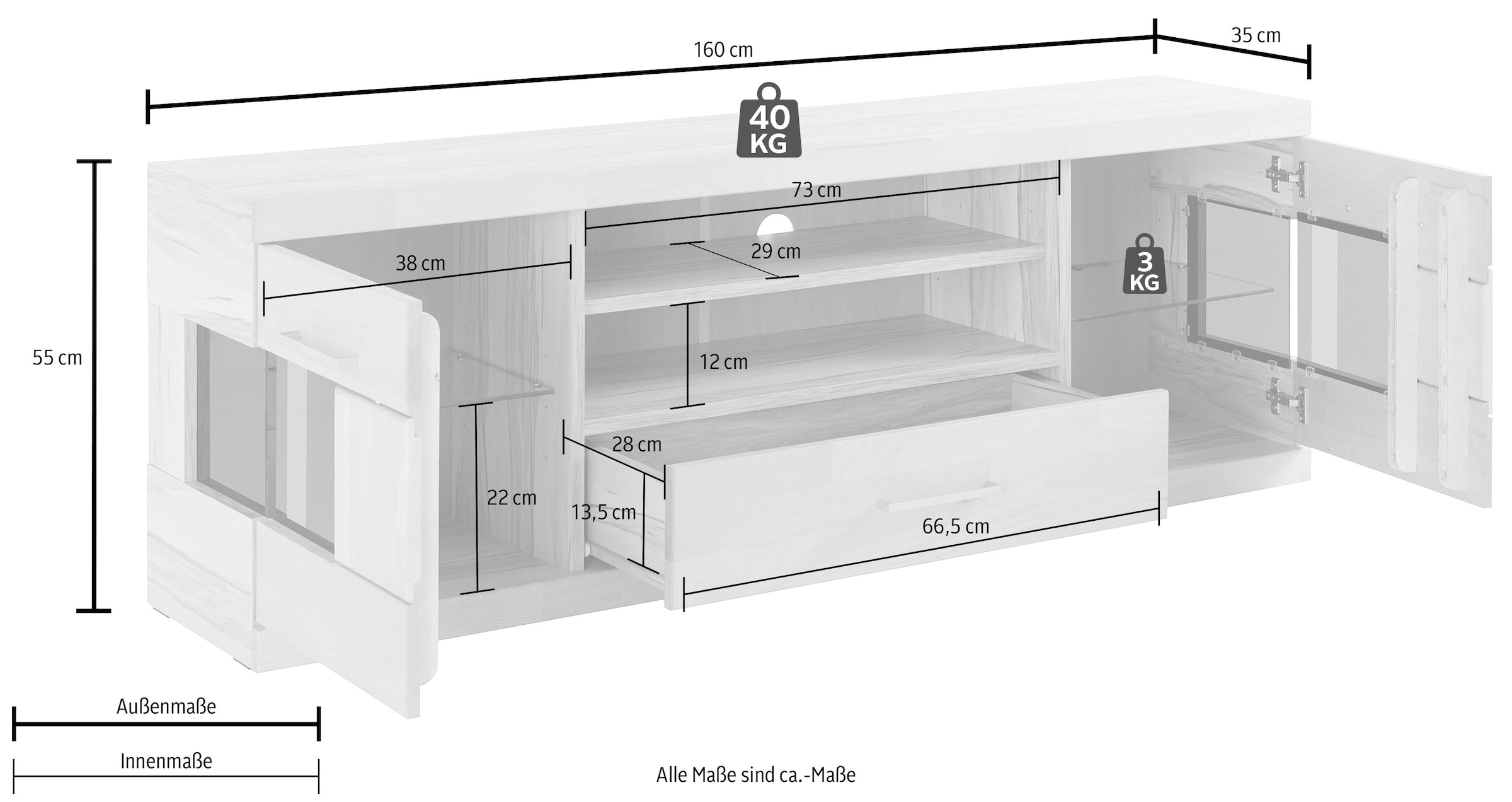Home affaire Lowboard »Ribe,160cm breit, Fronten Massivholz,6 Fächer,Kabeldurchführung«, Korpus Holzwerkstoff,Glaseinsatz aus gehärtetem Glas,Böden versetzbar