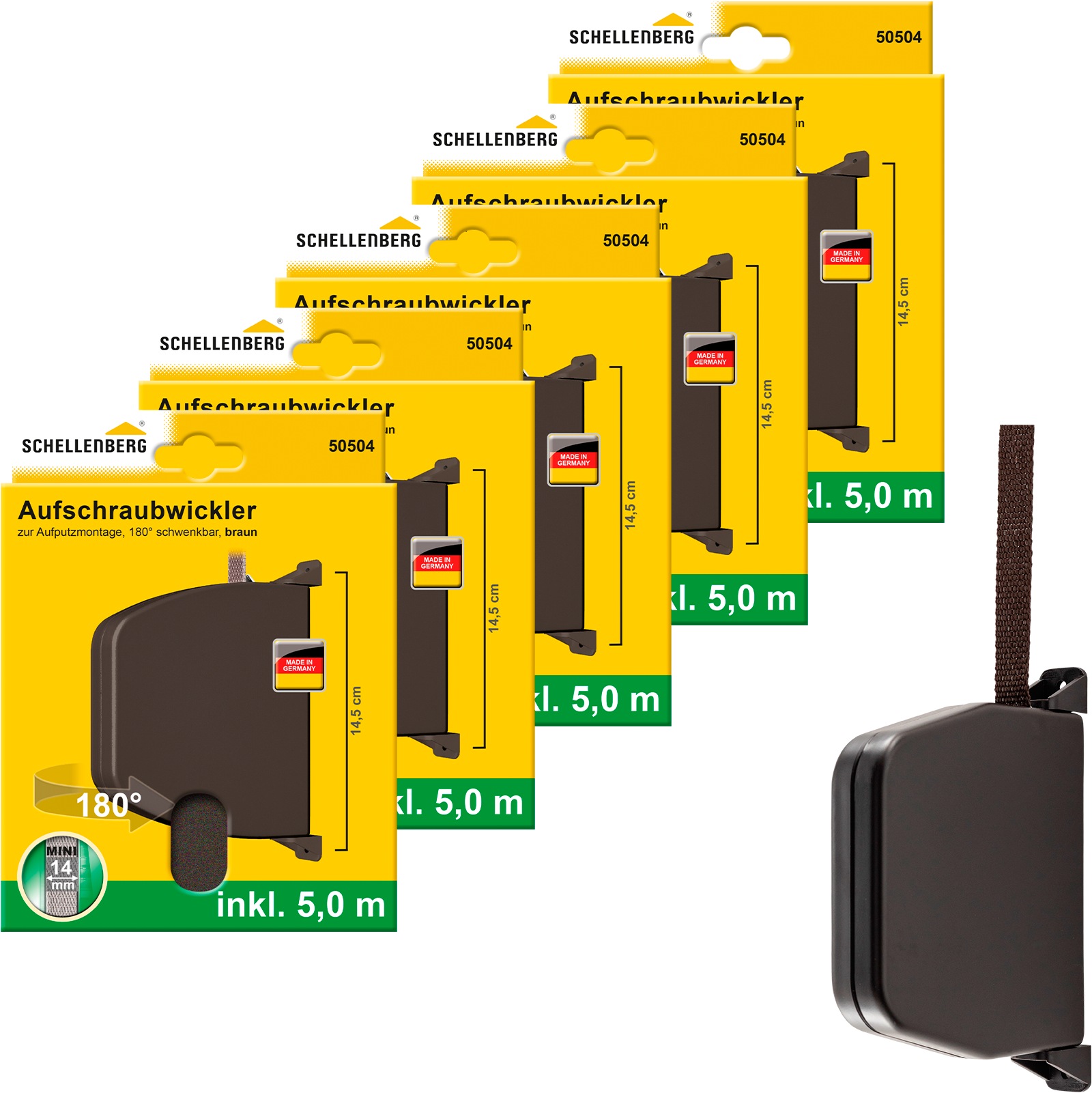 SCHELLENBERG Aufputz-Gurtwickler "Aufschraubwickler für das Rollladensystem Mini", 5 Stk., braun, Gurtwickler, schwenkbar, mit vormontiertem