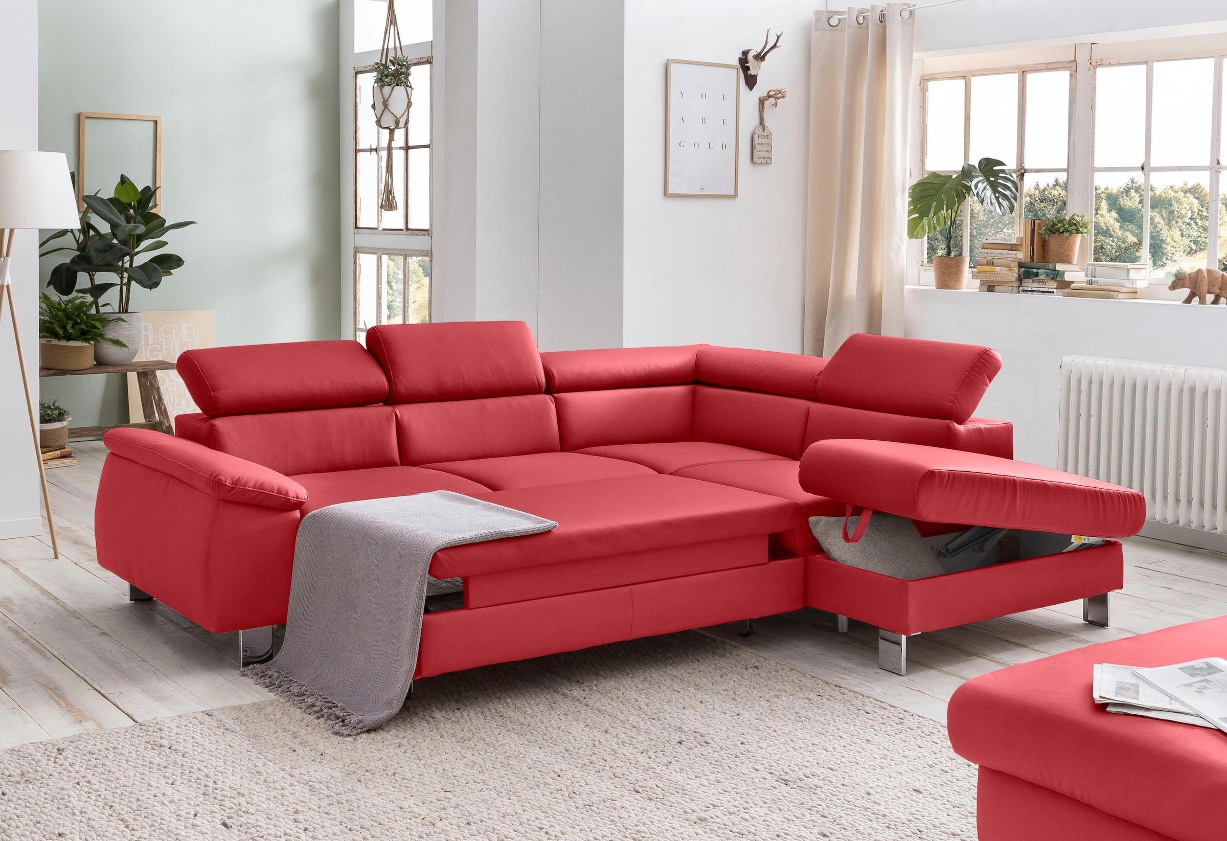 COTTA Polstergarnitur »Komaris«, (Set), Set: bestehend aus Ecksofa und Hocker, Kopfteilverstellung