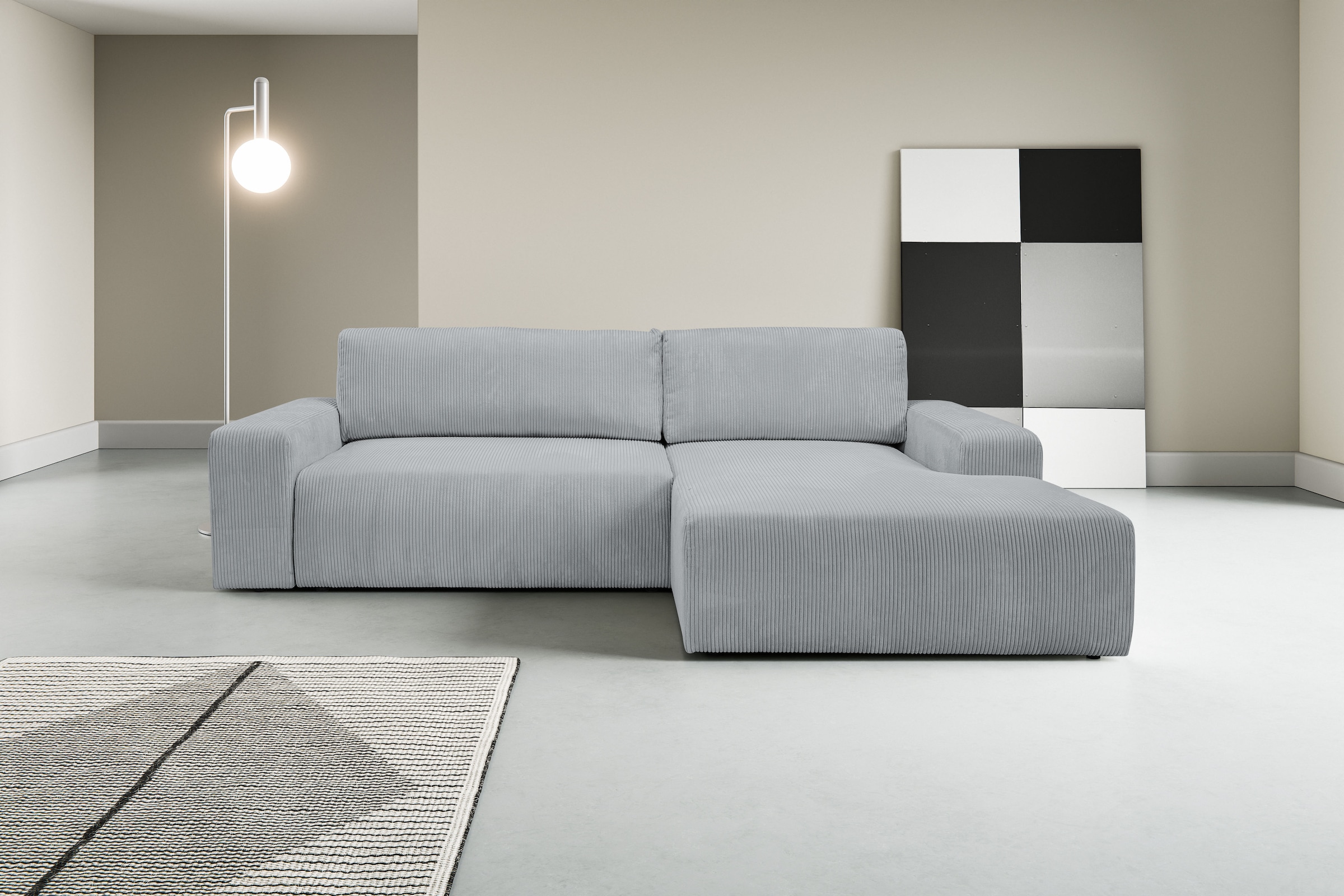 WERK2 Ecksofa "Rotterdam-L 267 x 165 cm modern und bequem" Cord, L-Form, Schlaffunktion, Bettkasten