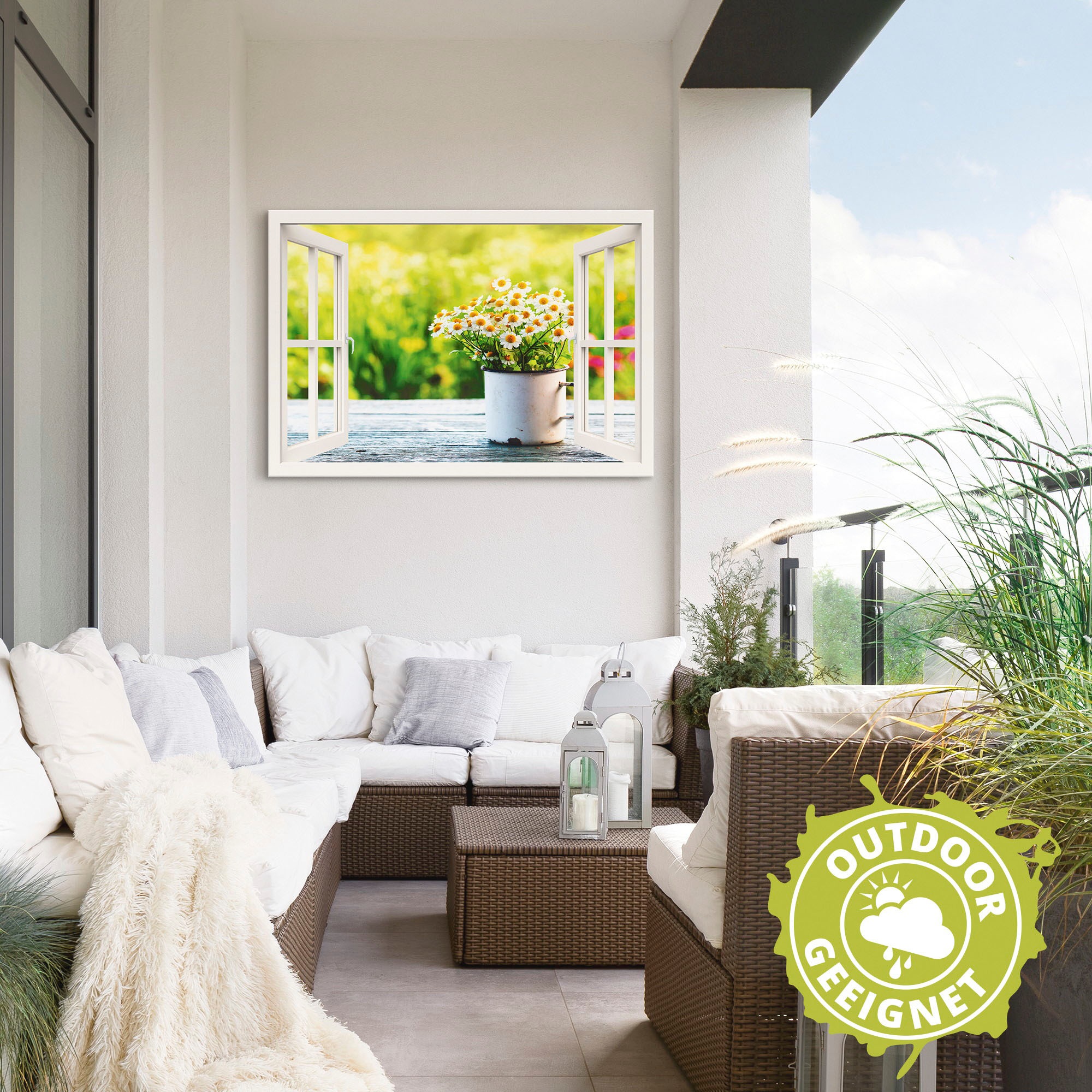 Artland Wandbild »Fensterblick Garten mit Gänseblümchen«, Blumen, (1 St.), als Alubild, Outdoorbild, Leinwandbild, Wandaufkleber, versch. Größen