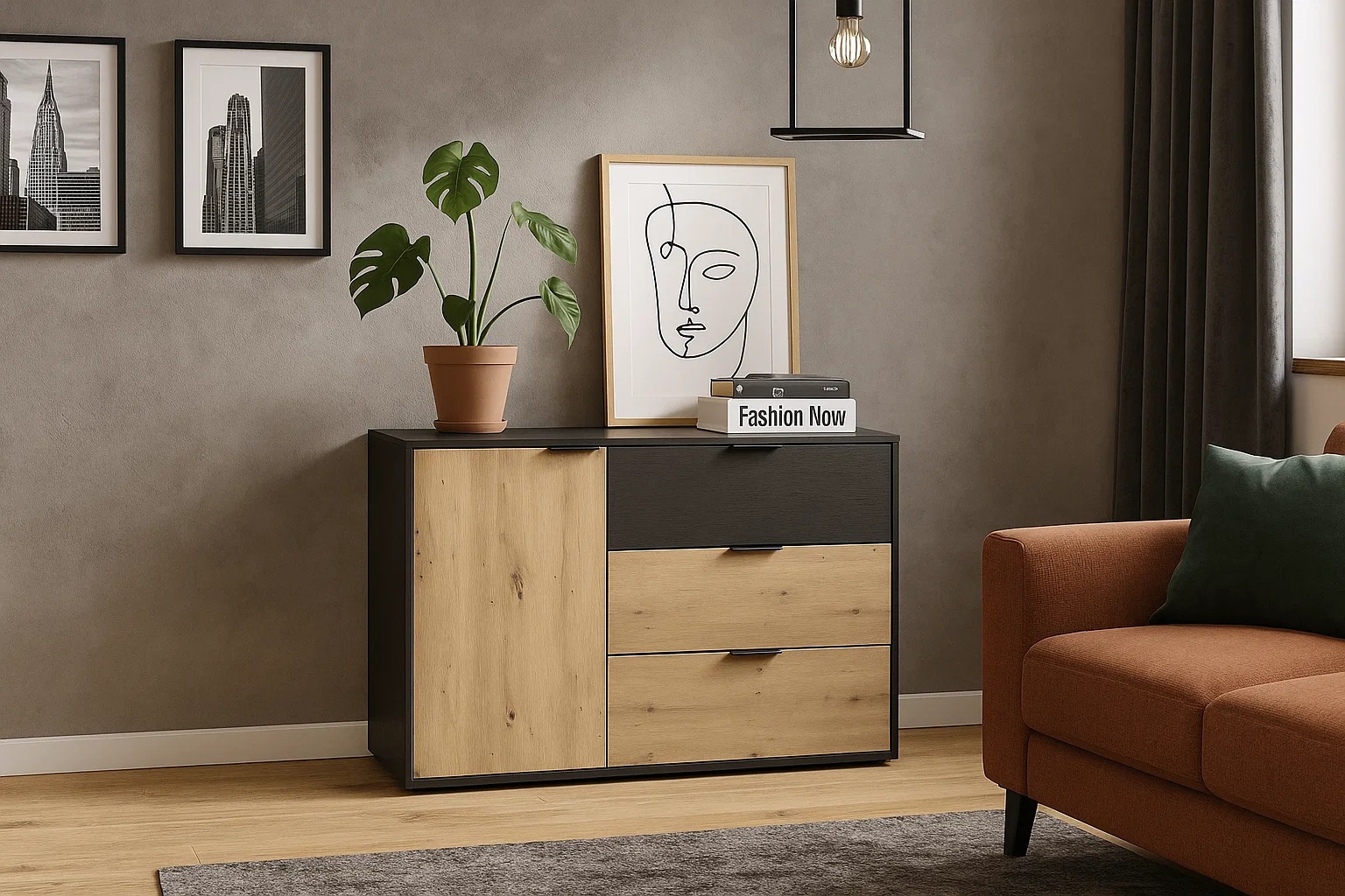 OTTO home Kommode "PERY Sideboard mit 3 Schubladen und 3 Fächer, Maße B/T/H: 125/36/79 cm" Moderner Schubladenschrank mit viel Stauraum und schwarzen Griffen