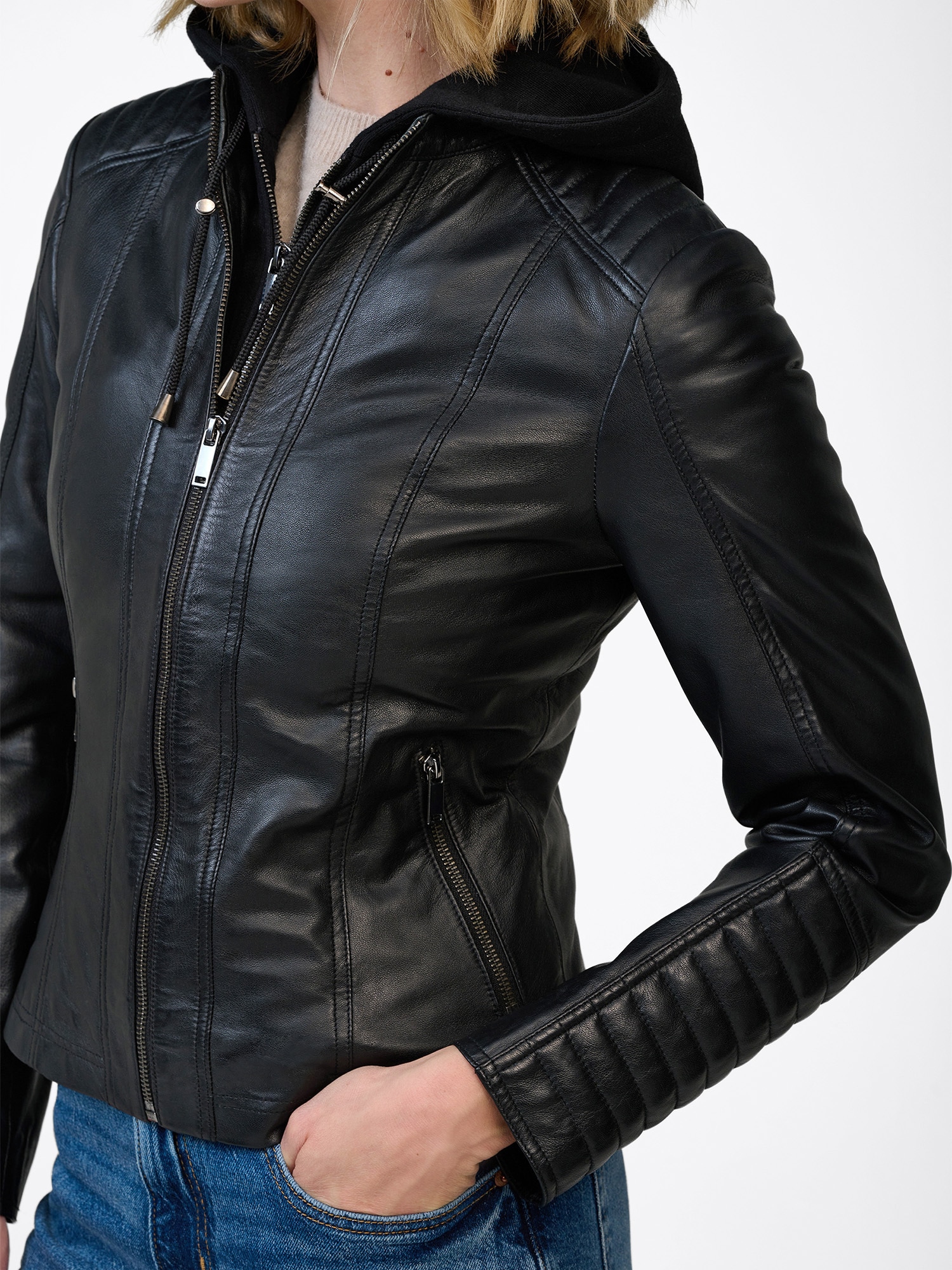 RICANO Bikerjacke »Lederjacke Rania« 2-Wege verstellbare Kapuze Handgefertigt aus echtem Leder