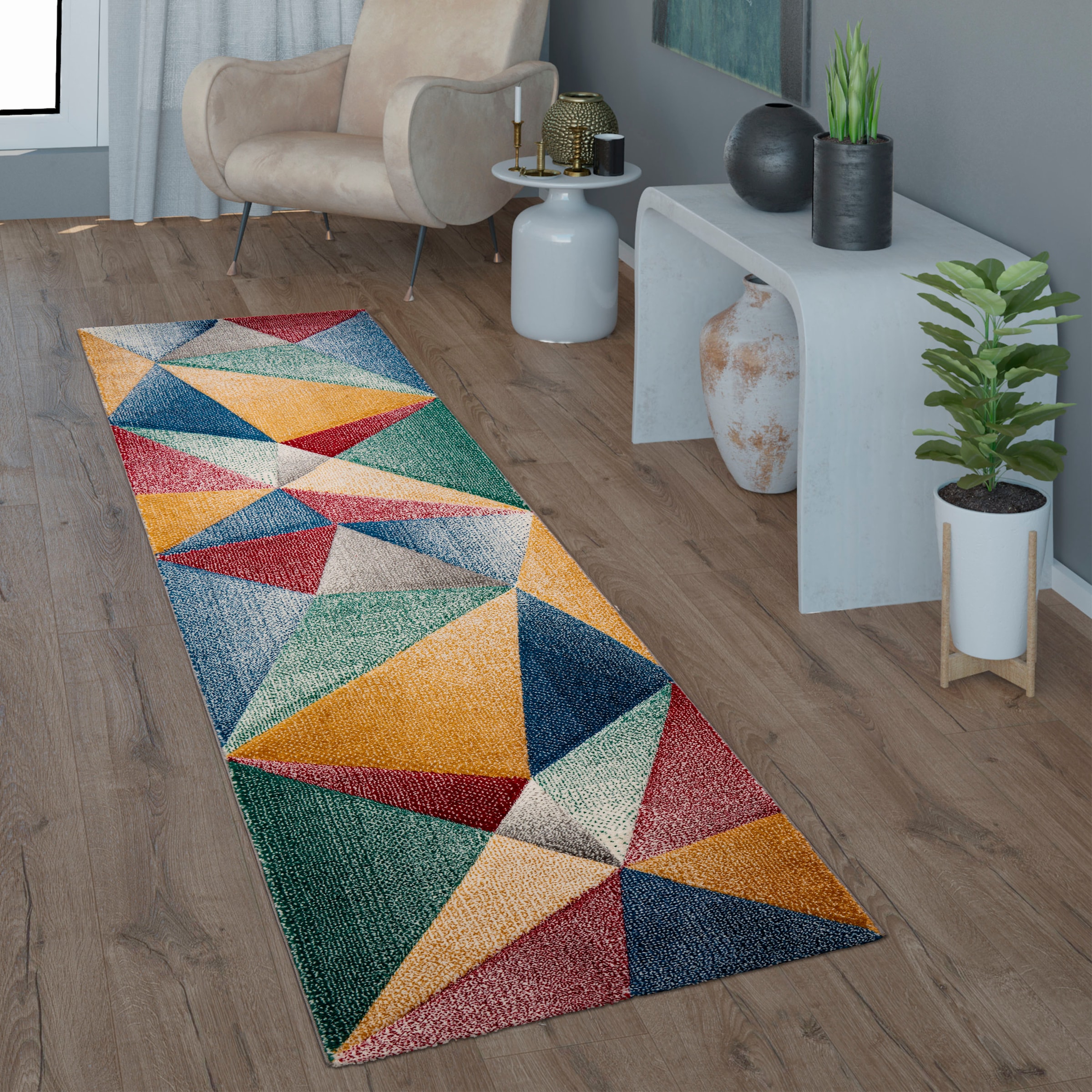 Paco Home Läufer »Smaragd 762«, rechteckig, 17 mm Höhe, Kurzflor, modernes geometrisches Design, Wohnzimmer, Schlafzimmer
