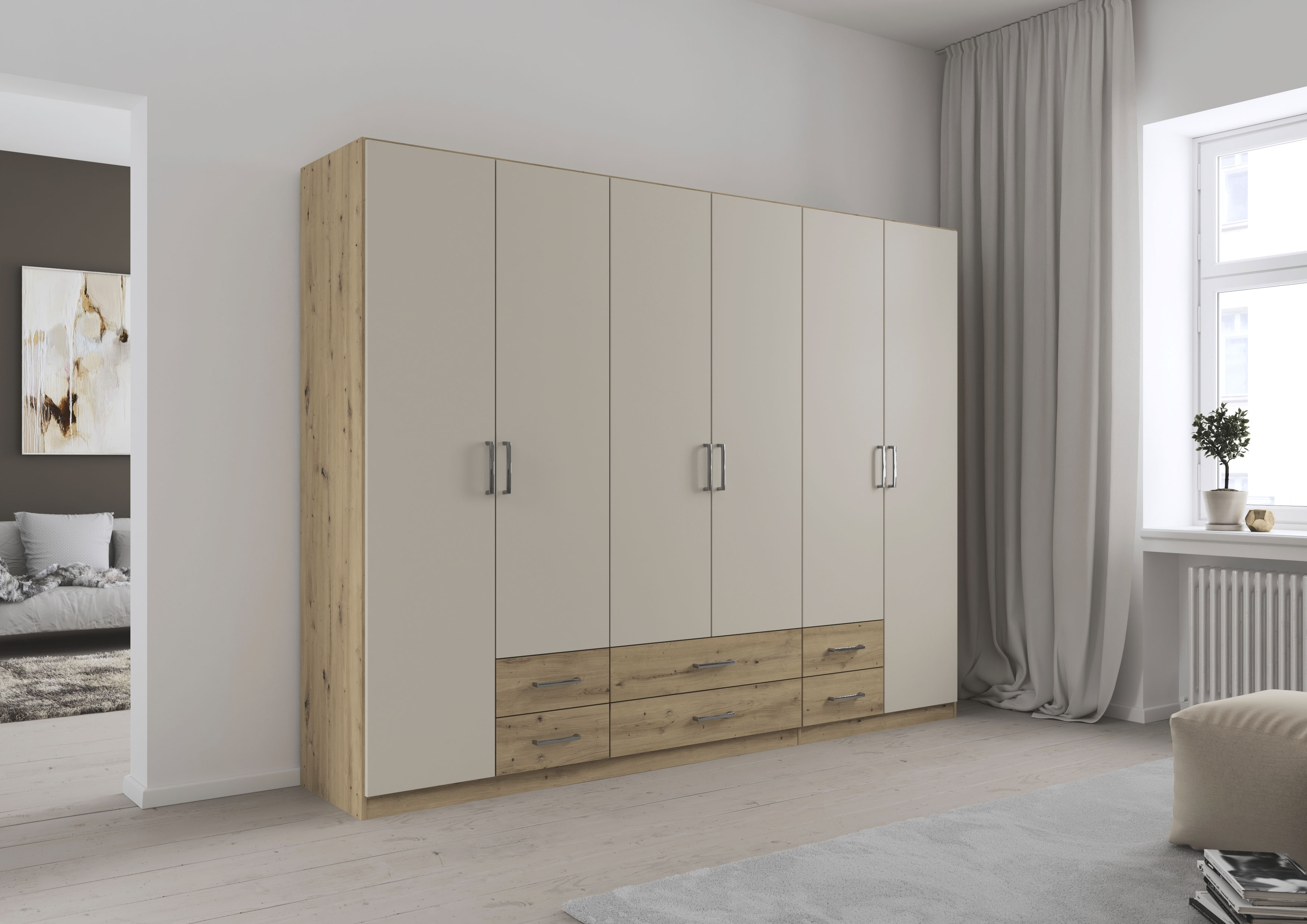 rauch Drehtürenschrank "Kleiderschrank Garderobe GAMMA Breiten 271 cm" in 3 Ausstattungen BASIC/CLASSIC/PREMIUM (inkl. SOFT-CLOSE-Funktion), mit Schubladen, verschiedene Griff-Varianten TOPSELLER MADE IN GERMANY
