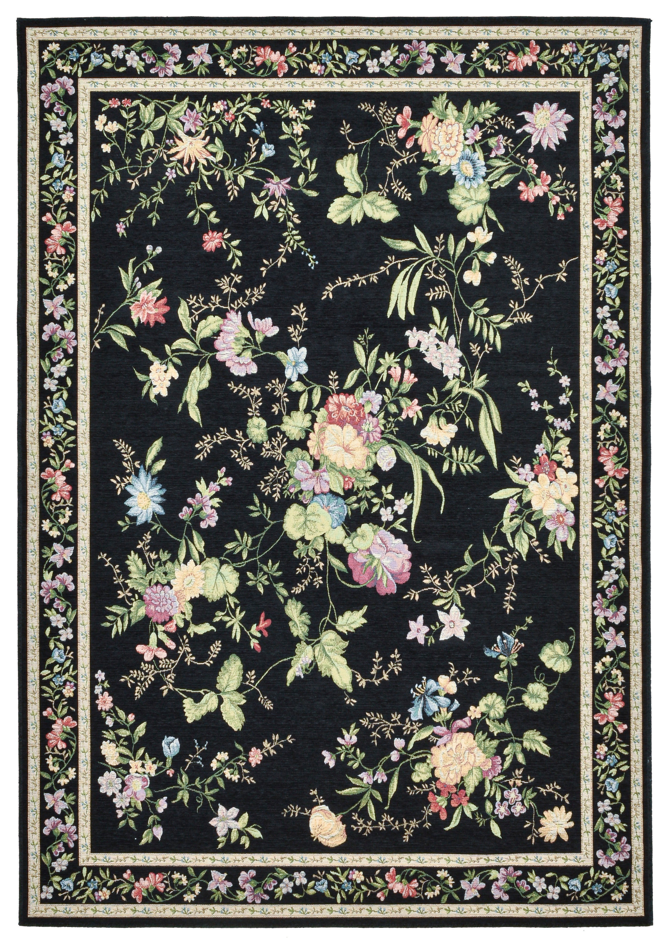 Teppich THEKO "Flomi Sagrini" Gr. 32, schwarz, B:140cm H:4mm L:200cm, Baumwolle, Kunstfaser, Teppiche, Teppich, Flachgewebe, Pastell-Farben, Blumen Design, mit Bordüre